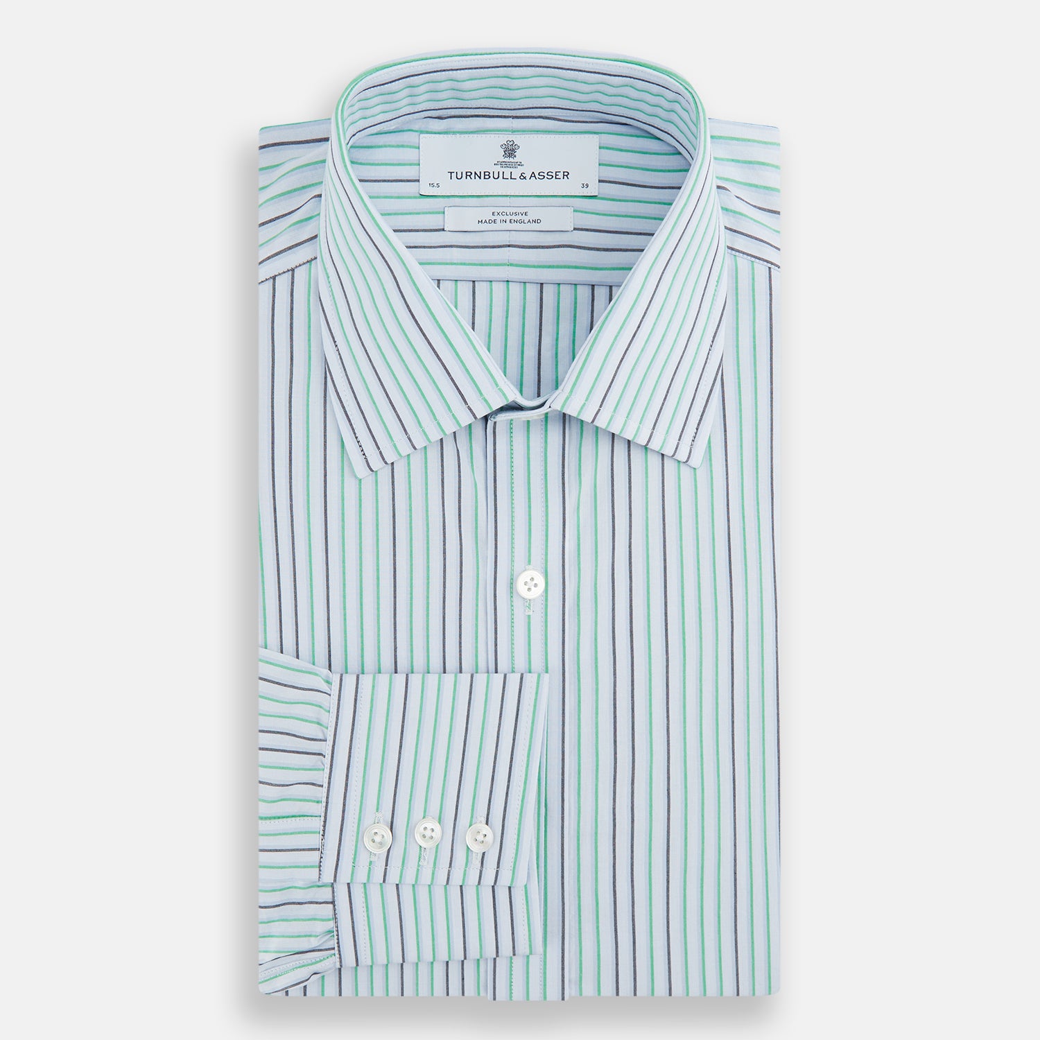 View 4 of product The Green and Blue Shadow Pinstripe Mayfair Shirt by Turnbull & Asser features long sleeves, a pointed collar, white buttons, and subtle green and blue pinstripes—a refined choice for any wardrobe capsule.