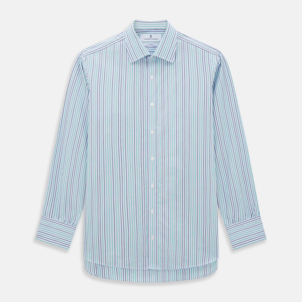 The Green and Blue Shadow Pinstripe Mayfair Shirt by Turnbull & Asser features long sleeves, a pointed collar, white buttons, and subtle green and blue pinstripes—a refined choice for any wardrobe capsule.