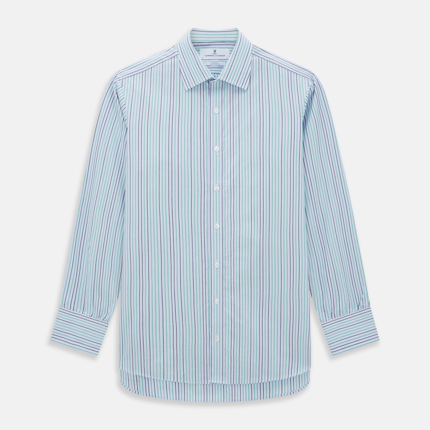 View 1 of product The Green and Blue Shadow Pinstripe Mayfair Shirt by Turnbull & Asser features long sleeves, a pointed collar, white buttons, and subtle green and blue pinstripes—a refined choice for any wardrobe capsule.