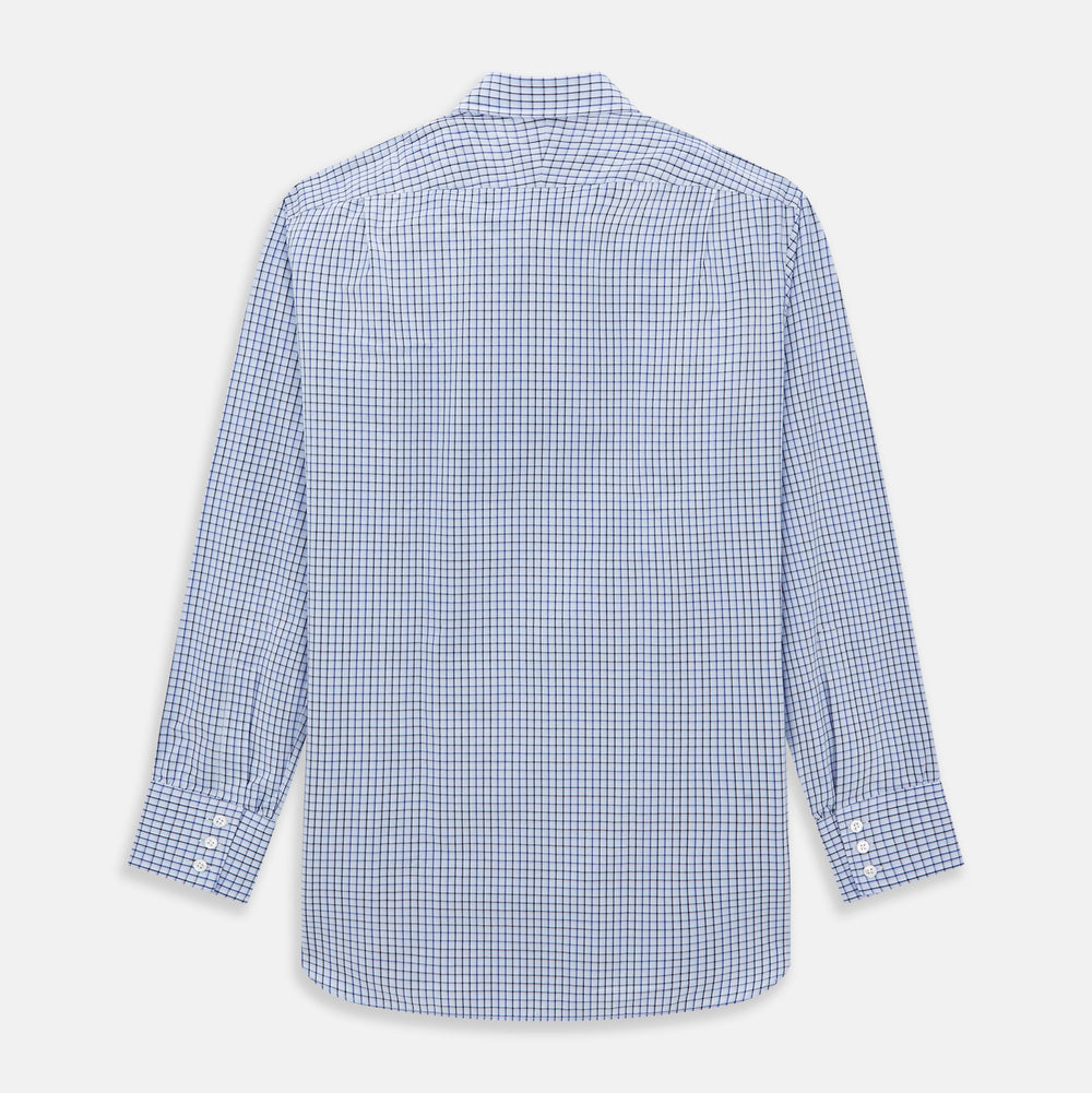 The Blue Shadow Check Mayfair Shirt by Turnbull & Asser is a long-sleeve, organic cotton shirt with collar and cuffs, shown laid flat on a white background.