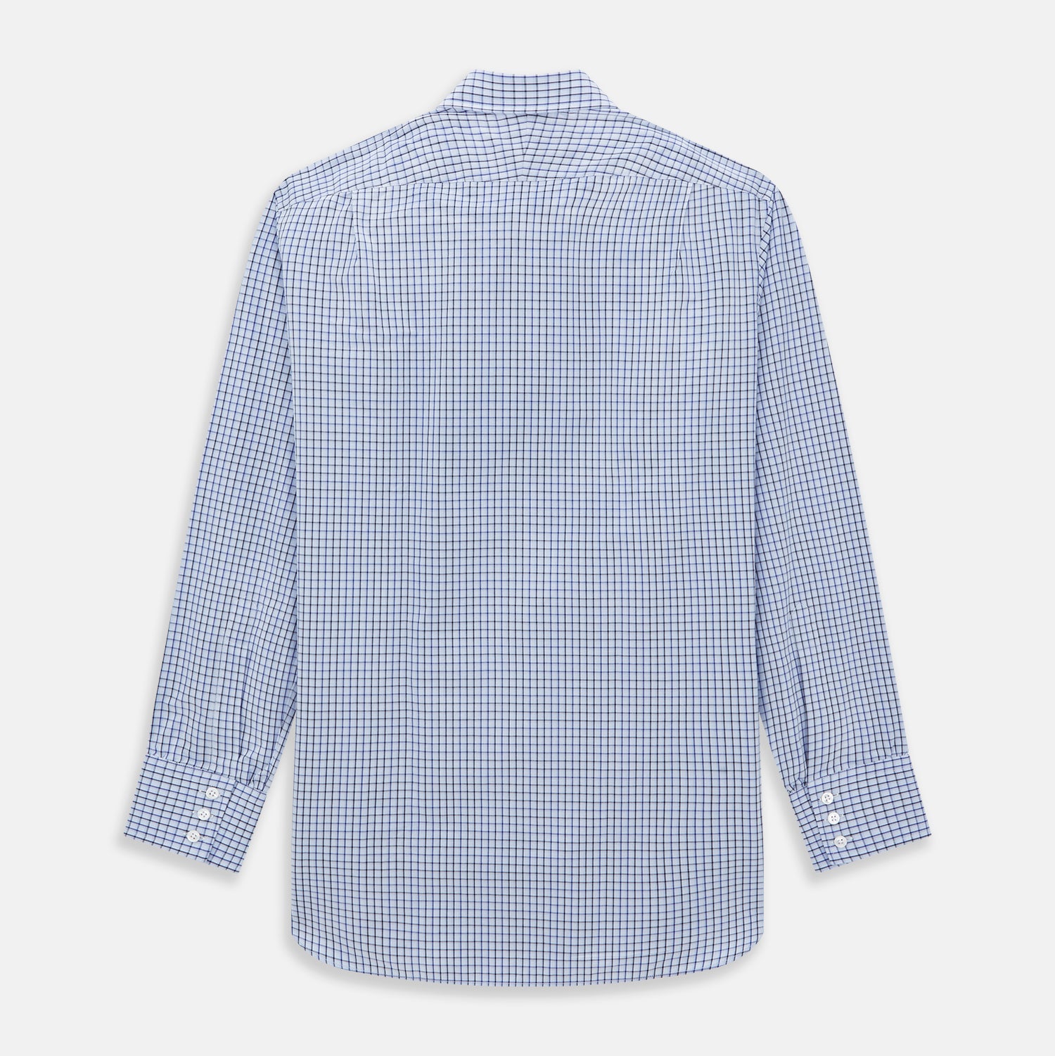View 5 of product The Blue Shadow Check Mayfair Shirt by Turnbull & Asser is a long-sleeve, organic cotton shirt with collar and cuffs, shown laid flat on a white background.