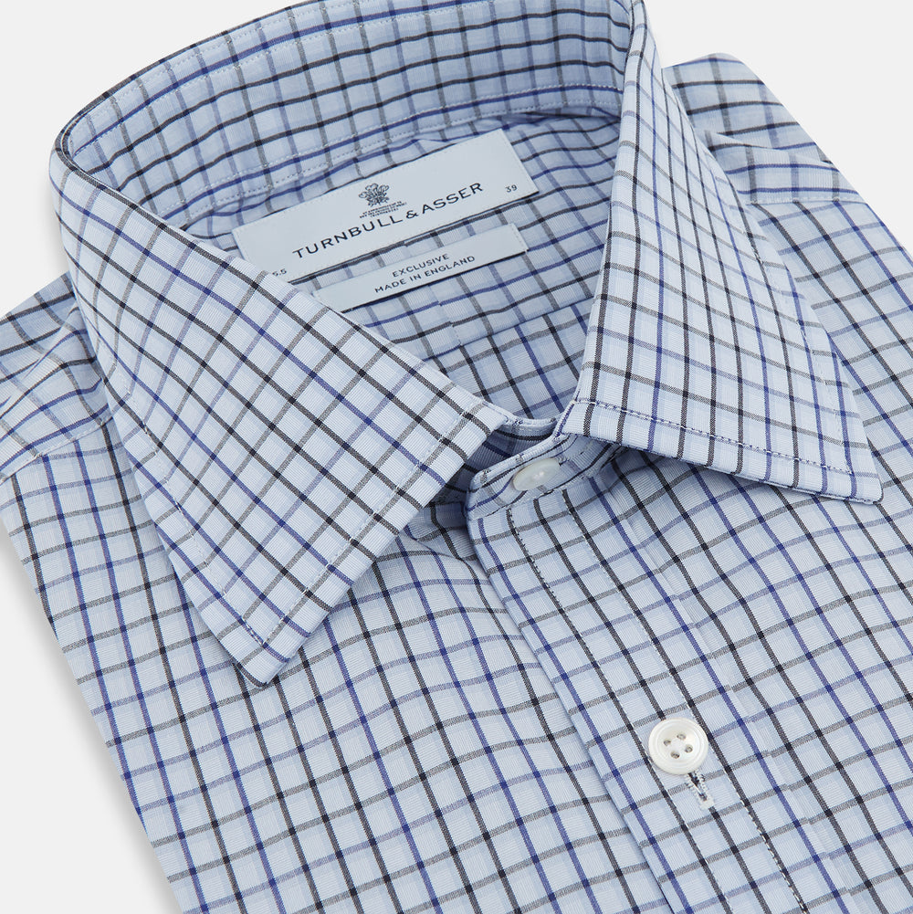 The Blue Shadow Check Mayfair Shirt by Turnbull & Asser is a long-sleeve, organic cotton shirt with collar and cuffs, shown laid flat on a white background.