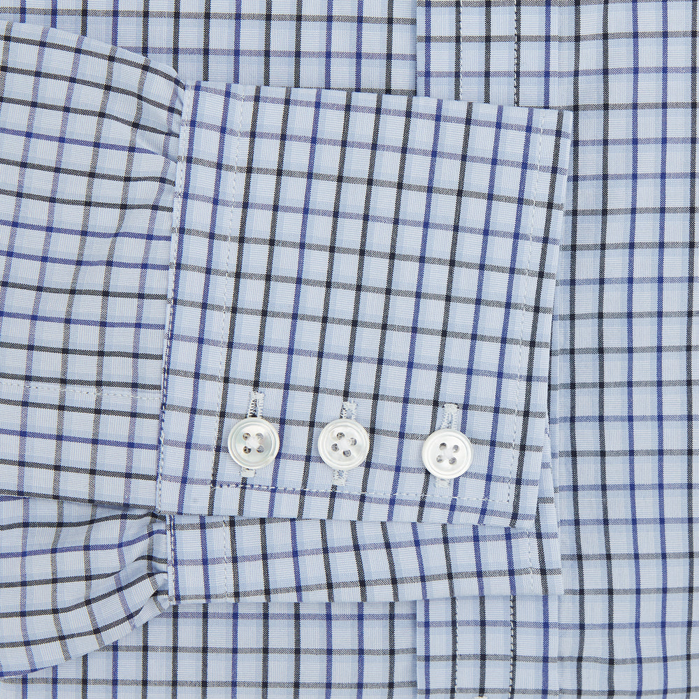 The Blue Shadow Check Mayfair Shirt by Turnbull & Asser is a long-sleeve, organic cotton shirt with collar and cuffs, shown laid flat on a white background.