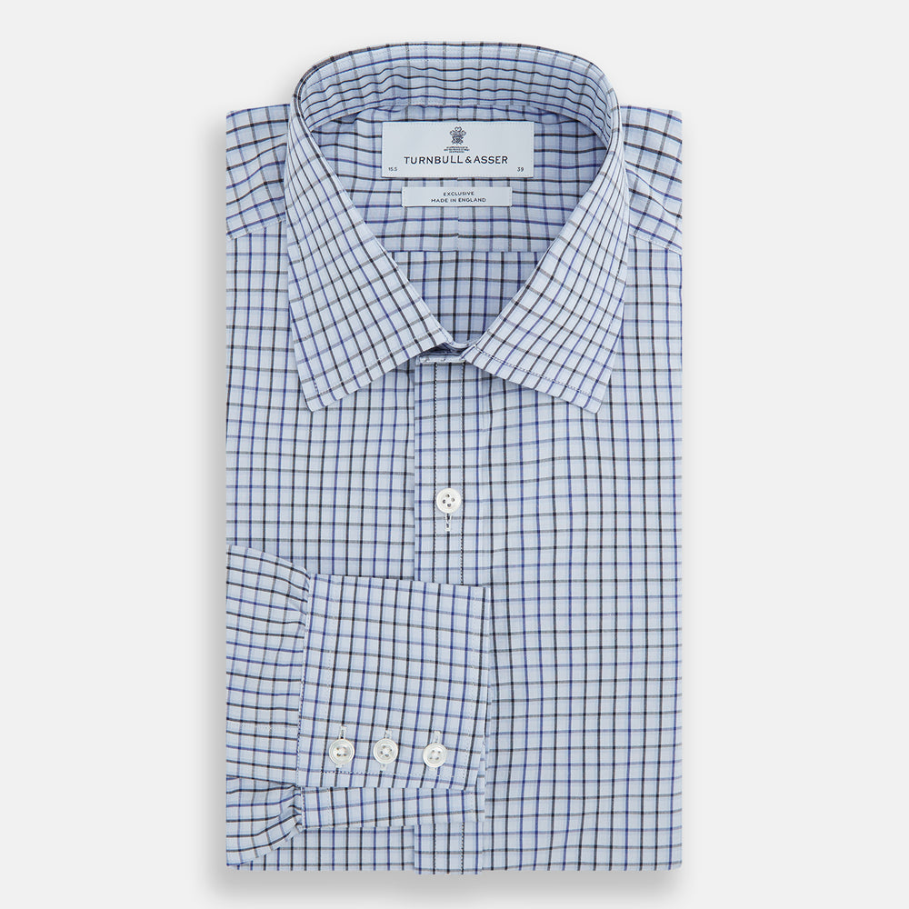 The Blue Shadow Check Mayfair Shirt by Turnbull & Asser is a long-sleeve, organic cotton shirt with collar and cuffs, shown laid flat on a white background.