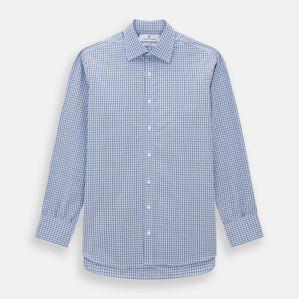 The Blue Shadow Check Mayfair Shirt by Turnbull & Asser is a long-sleeve, organic cotton shirt with collar and cuffs, shown laid flat on a white background.