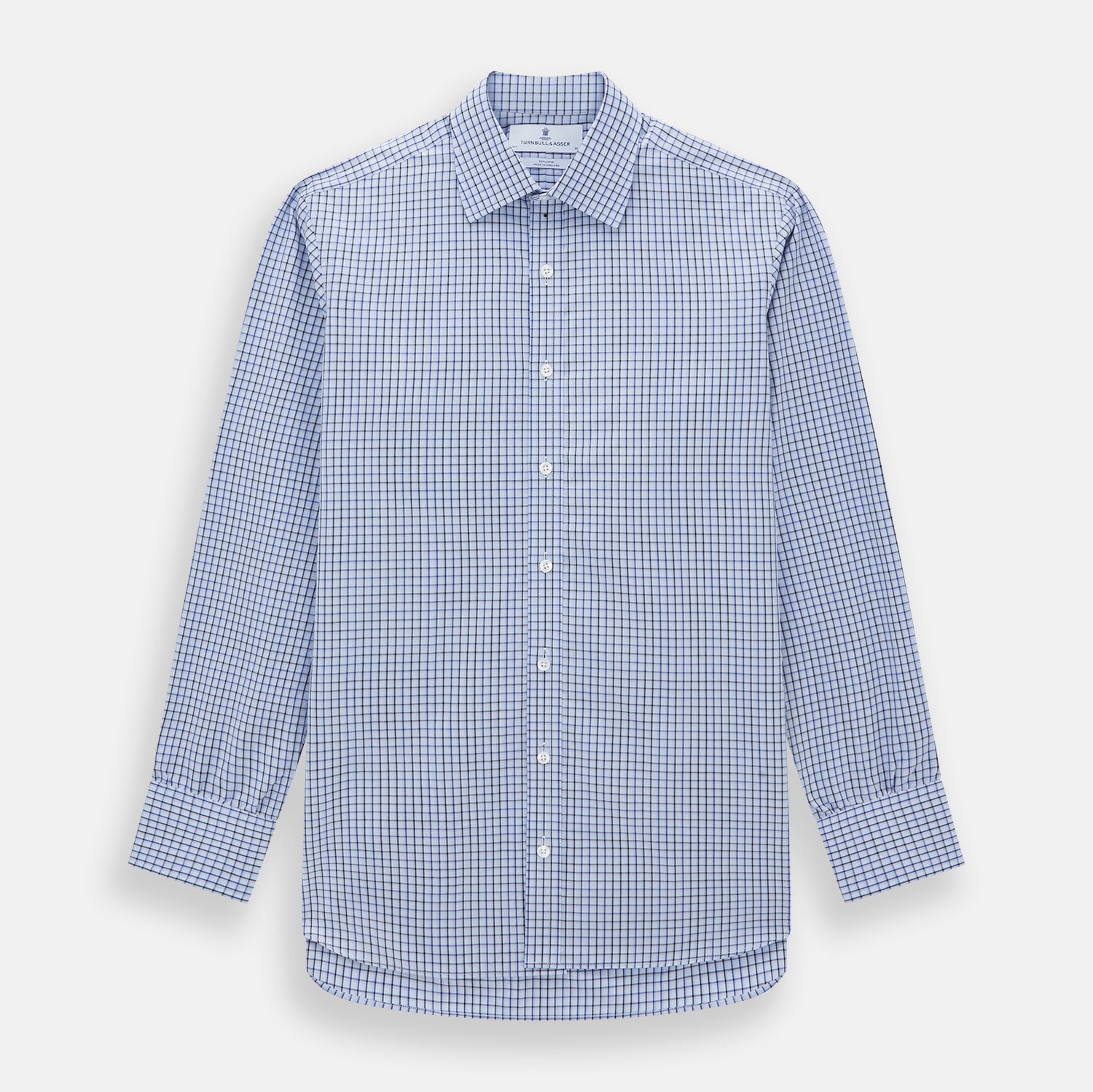 View 1 of product The Blue Shadow Check Mayfair Shirt by Turnbull & Asser is a long-sleeve, organic cotton shirt with collar and cuffs, shown laid flat on a white background.