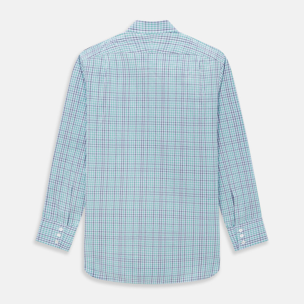 The Turnbull & Asser Green and Blue Shadow Check Mayfair Shirt is a long-sleeve button-down with a T&A collar, made from organic cotton in a blue, green, and white plaid pattern, shown on a white background.