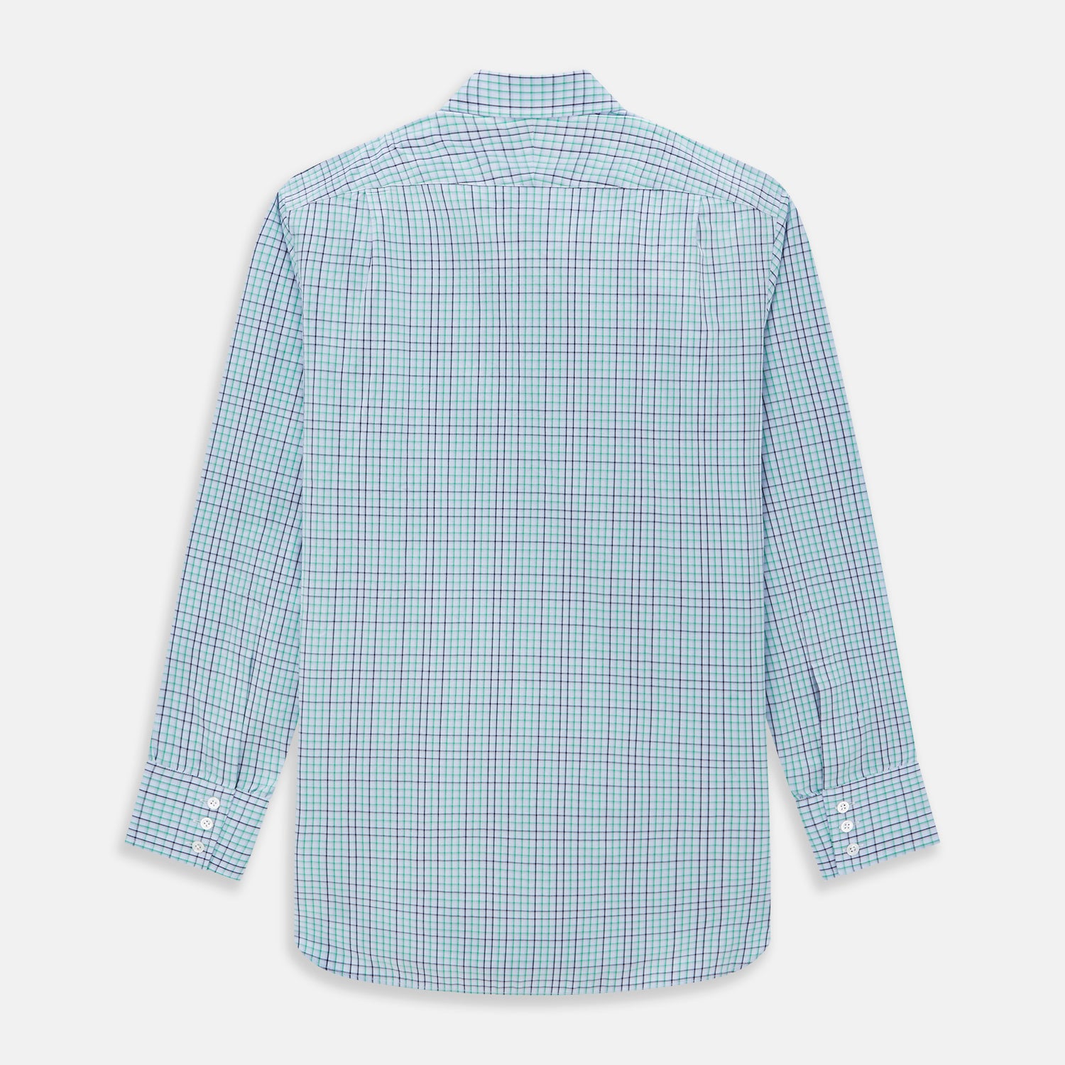 View 5 of product The Turnbull & Asser Green and Blue Shadow Check Mayfair Shirt is a long-sleeve button-down with a T&A collar, made from organic cotton in a blue, green, and white plaid pattern, shown on a white background.