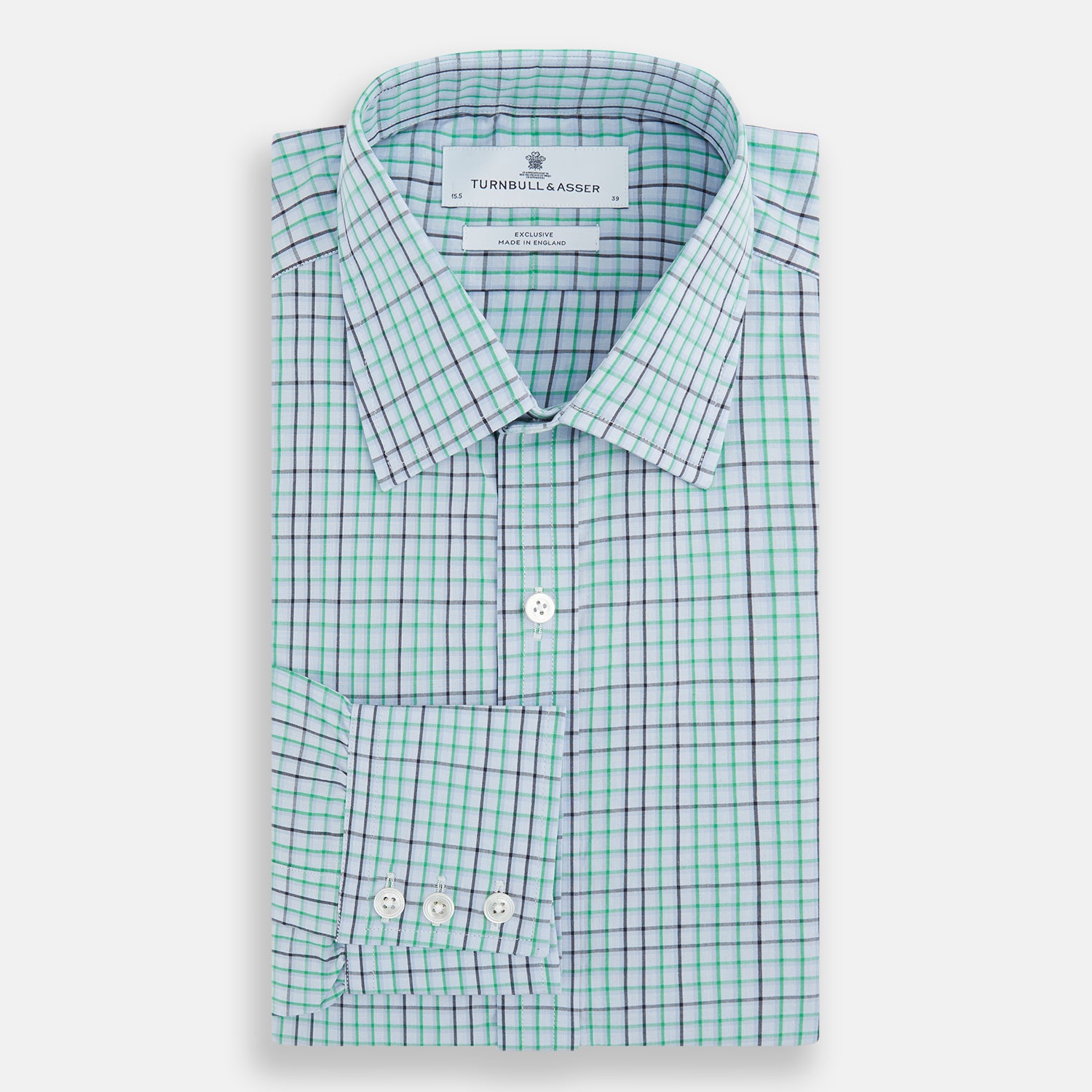 View 4 of product The Turnbull & Asser Green and Blue Shadow Check Mayfair Shirt is a long-sleeve button-down with a T&A collar, made from organic cotton in a blue, green, and white plaid pattern, shown on a white background.