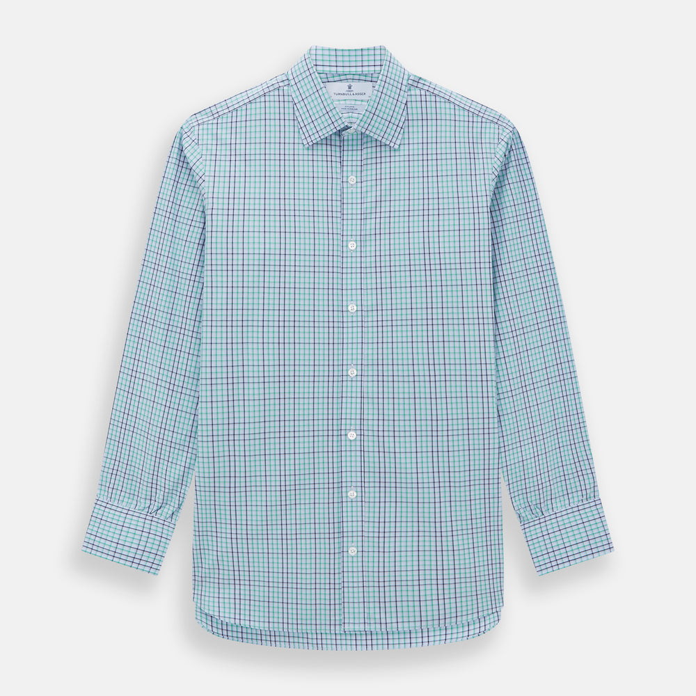 The Turnbull & Asser Green and Blue Shadow Check Mayfair Shirt is a long-sleeve button-down with a T&A collar, made from organic cotton in a blue, green, and white plaid pattern, shown on a white background.
