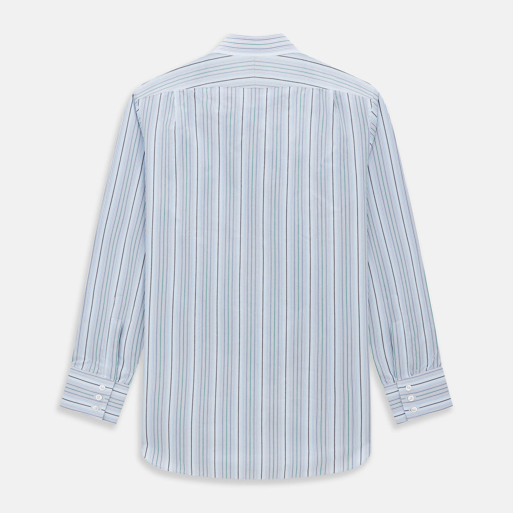 The Turnbull & Asser Blue and Green Multi Track Stripe Mayfair Shirt is a contemporary classic long-sleeve collared shirt, shown expertly laid flat on a white background—a versatile essential for any capsule wardrobe.