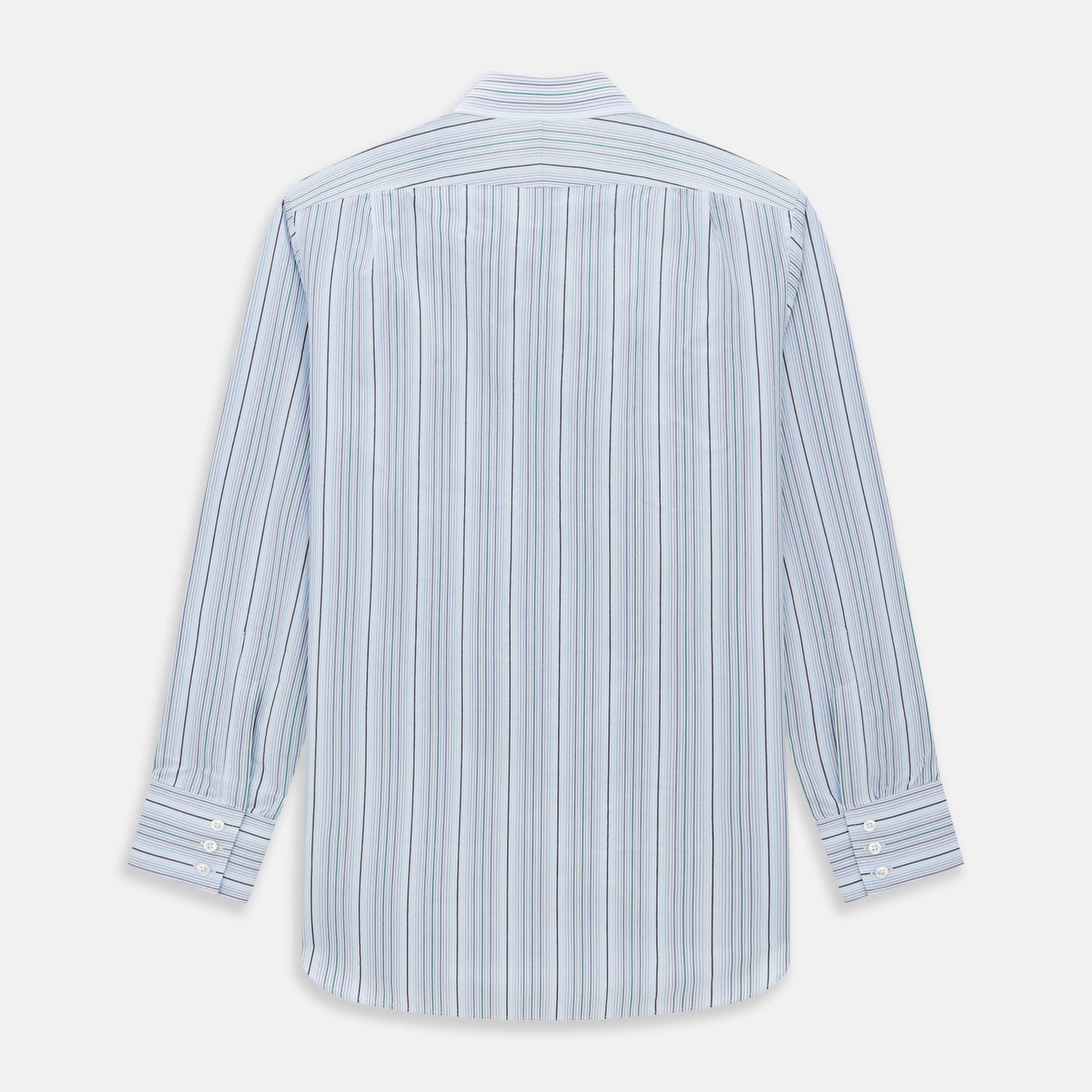 View 5 of product The Turnbull & Asser Blue and Green Multi Track Stripe Mayfair Shirt is a contemporary classic long-sleeve collared shirt, shown expertly laid flat on a white background—a versatile essential for any capsule wardrobe.
