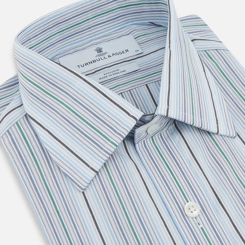 The Turnbull & Asser Blue and Green Multi Track Stripe Mayfair Shirt is a contemporary classic long-sleeve collared shirt, shown expertly laid flat on a white background—a versatile essential for any capsule wardrobe.