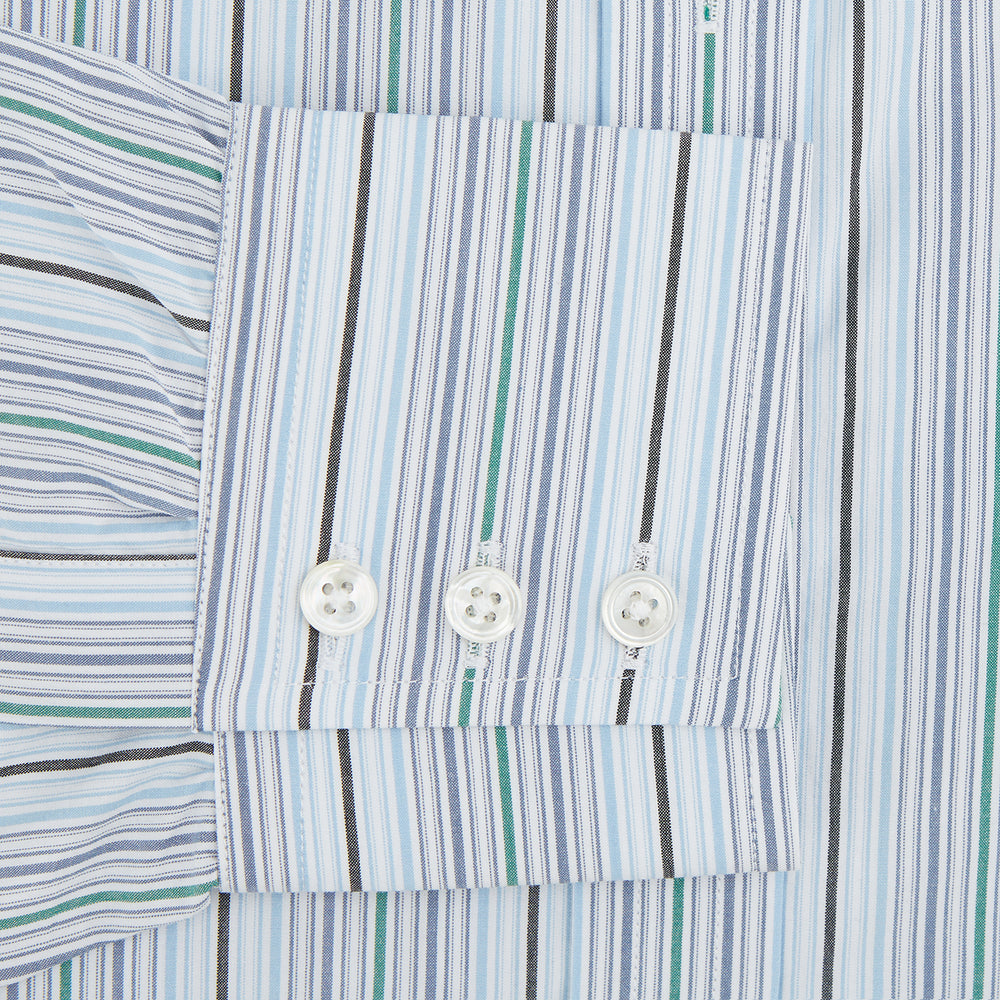 The Turnbull & Asser Blue and Green Multi Track Stripe Mayfair Shirt is a contemporary classic long-sleeve collared shirt, shown expertly laid flat on a white background—a versatile essential for any capsule wardrobe.