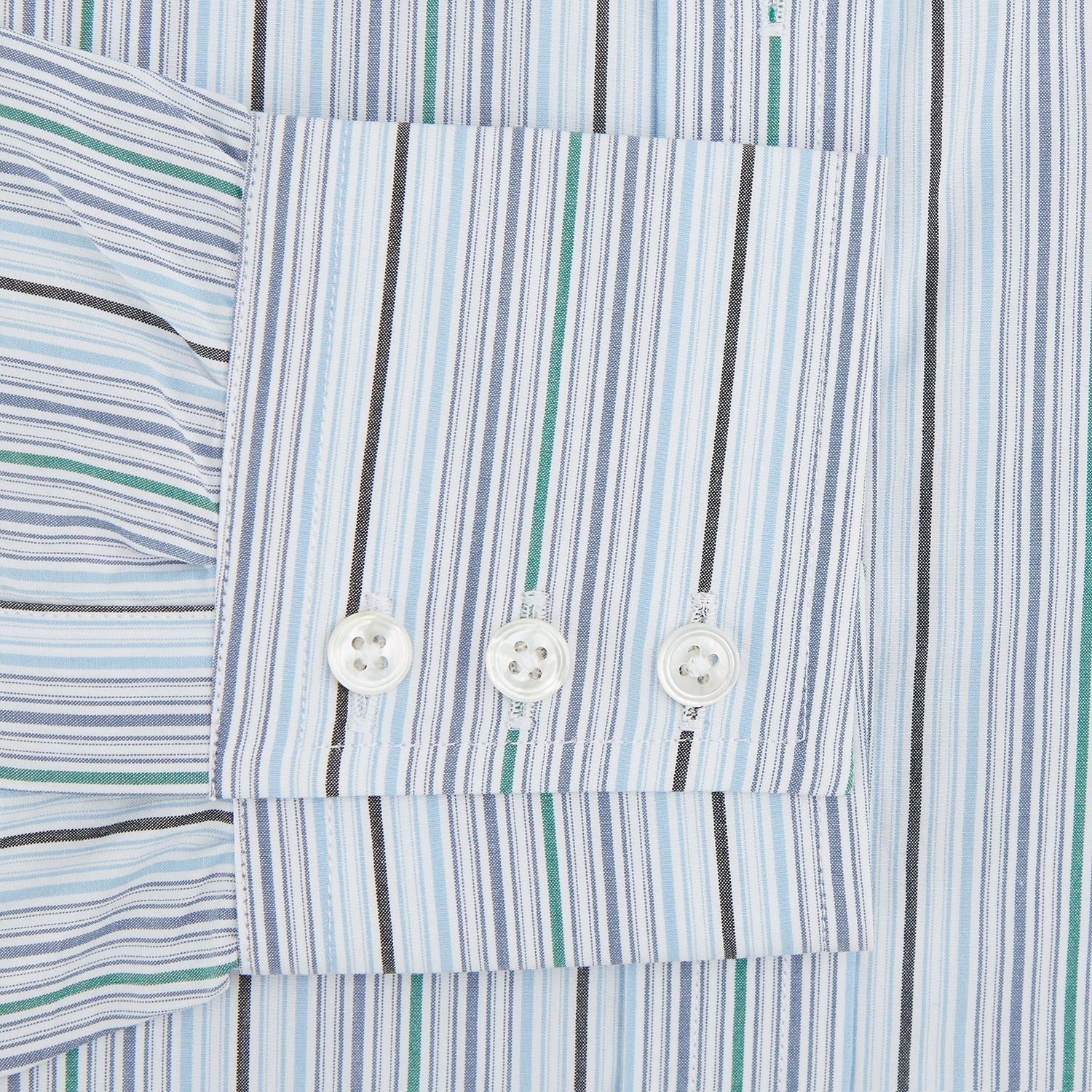 View 3 of product The Turnbull & Asser Blue and Green Multi Track Stripe Mayfair Shirt is a contemporary classic long-sleeve collared shirt, shown expertly laid flat on a white background—a versatile essential for any capsule wardrobe.
