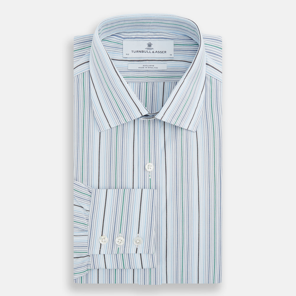 The Turnbull & Asser Blue and Green Multi Track Stripe Mayfair Shirt is a contemporary classic long-sleeve collared shirt, shown expertly laid flat on a white background—a versatile essential for any capsule wardrobe.