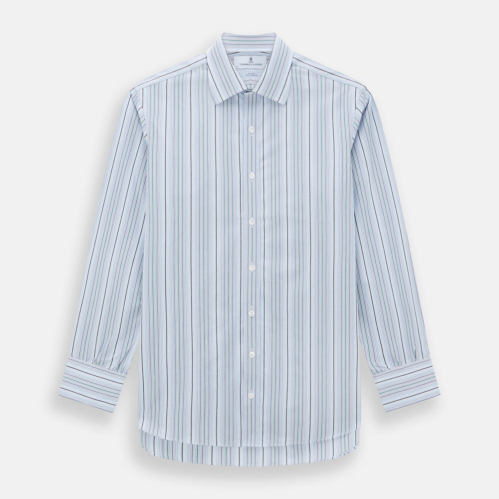 The Turnbull & Asser Blue and Green Multi Track Stripe Mayfair Shirt is a contemporary classic long-sleeve collared shirt, shown expertly laid flat on a white background—a versatile essential for any capsule wardrobe.