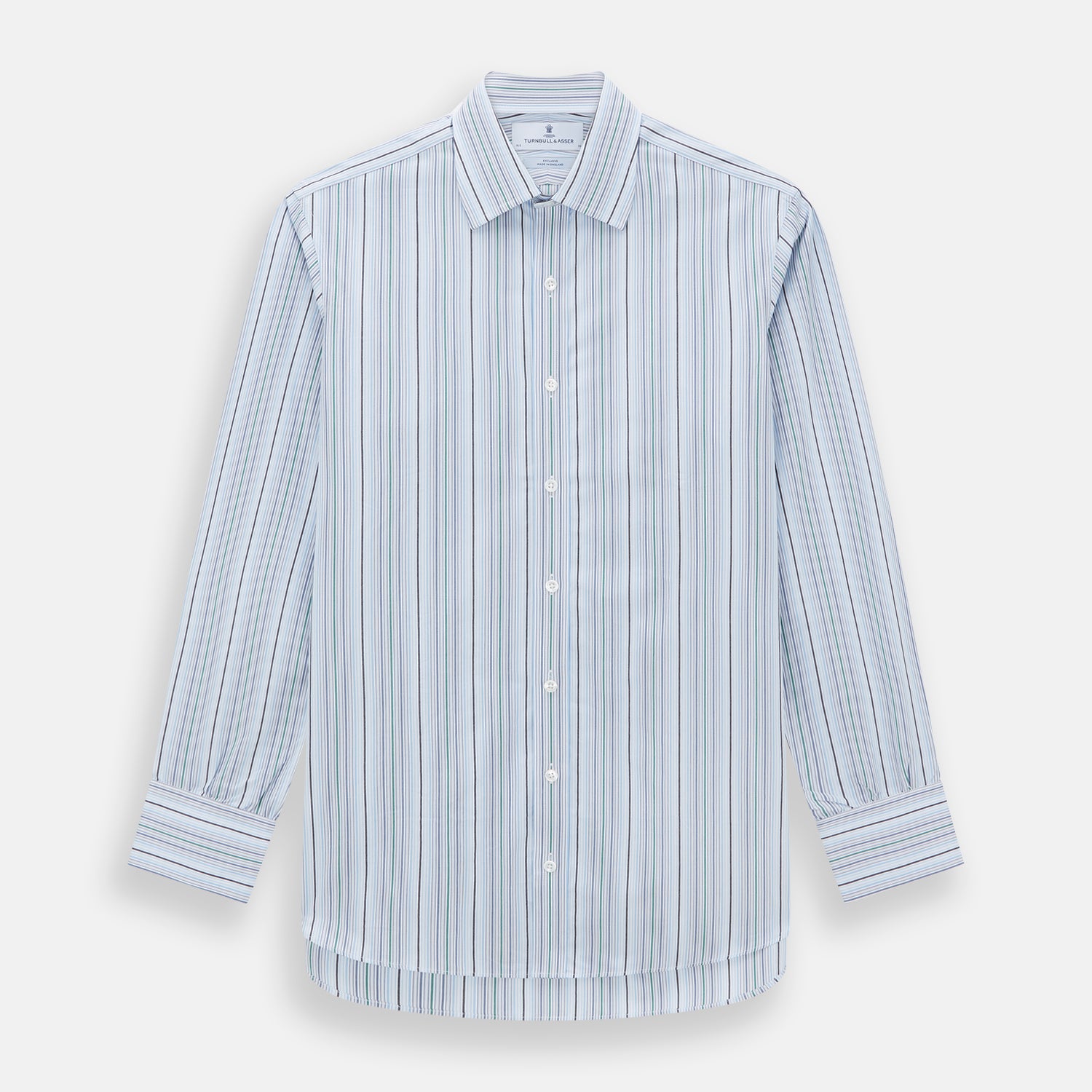 View 1 of product The Turnbull & Asser Blue and Green Multi Track Stripe Mayfair Shirt is a contemporary classic long-sleeve collared shirt, shown expertly laid flat on a white background—a versatile essential for any capsule wardrobe.