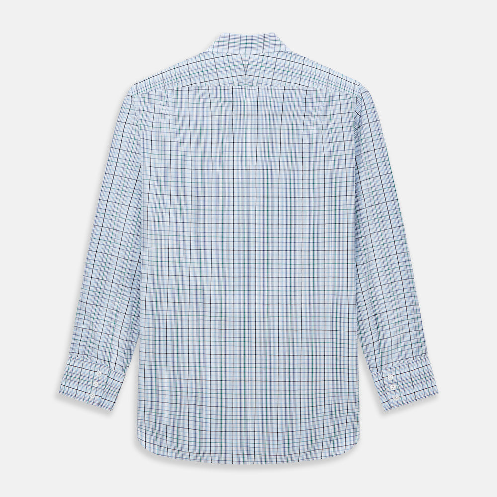 The Turnbull & Asser Blue and Green Multi Check Mayfair Shirt, a long-sleeve button-up with a blue and green plaid pattern on white, is displayed flat against a white surface.
