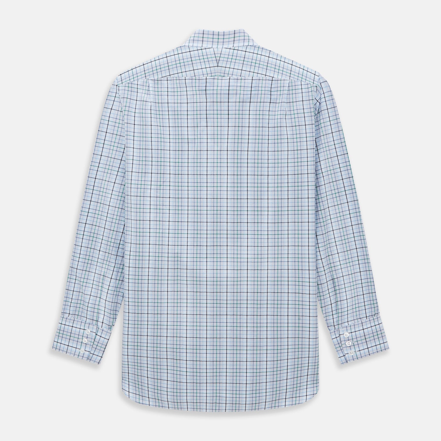 View 5 of product The Turnbull & Asser Blue and Green Multi Check Mayfair Shirt, a long-sleeve button-up with a blue and green plaid pattern on white, is displayed flat against a white surface.
