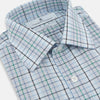 View 2 of product The Turnbull & Asser Blue and Green Multi Check Mayfair Shirt, a long-sleeve button-up with a blue and green plaid pattern on white, is displayed flat against a white surface.