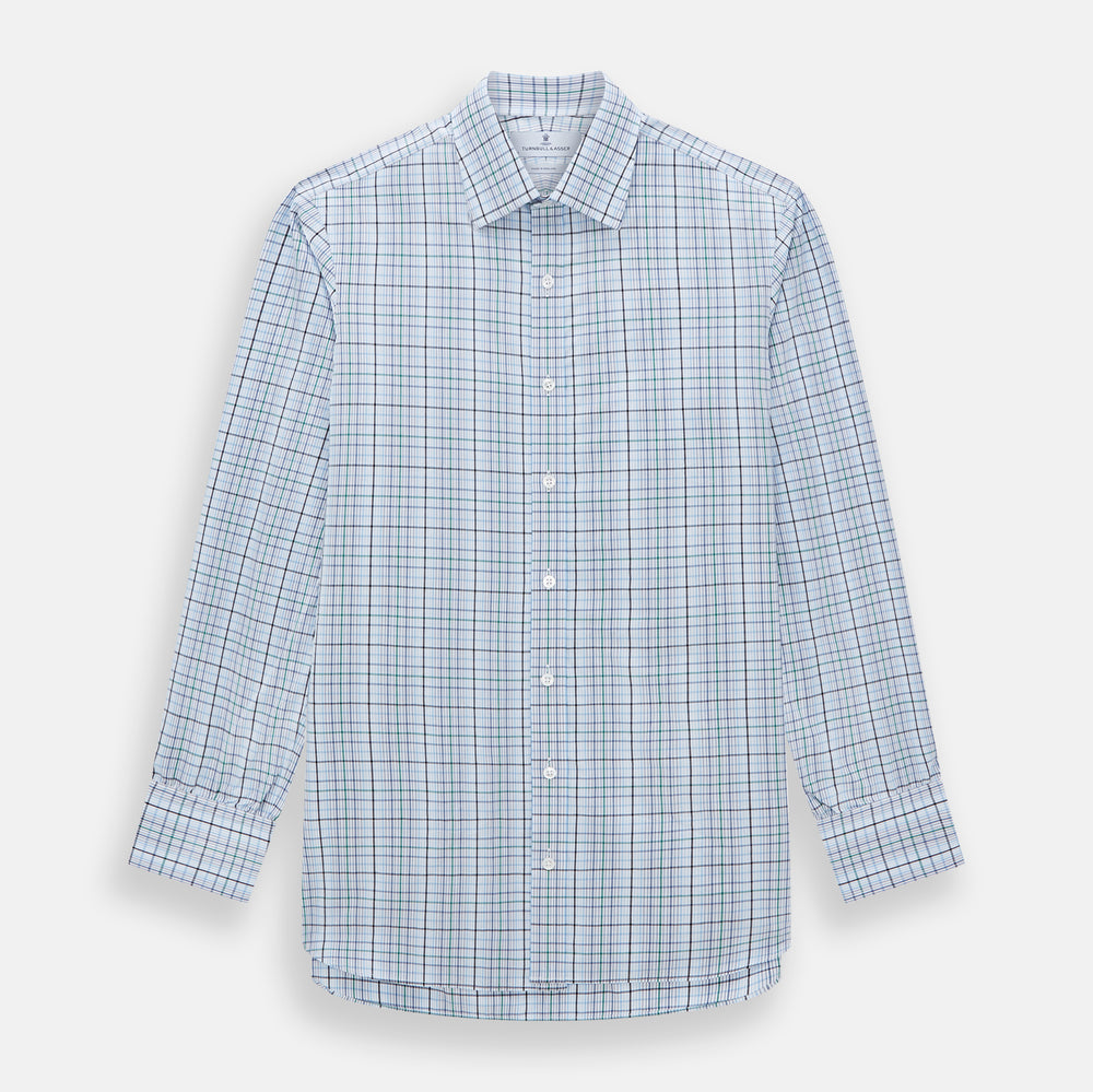 The Turnbull & Asser Blue and Green Multi Check Mayfair Shirt, a long-sleeve button-up with a blue and green plaid pattern on white, is displayed flat against a white surface.