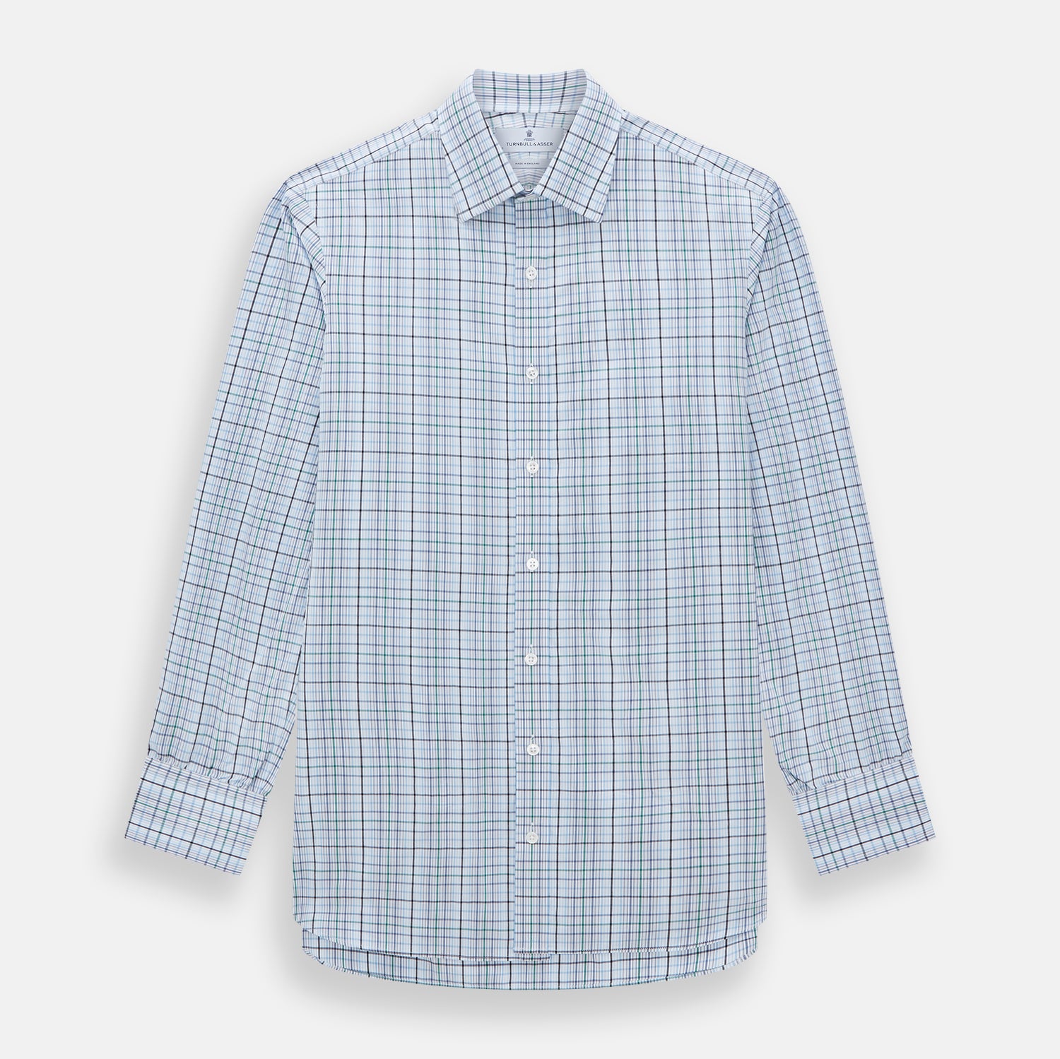 View 1 of product The Turnbull & Asser Blue and Green Multi Check Mayfair Shirt, a long-sleeve button-up with a blue and green plaid pattern on white, is displayed flat against a white surface.