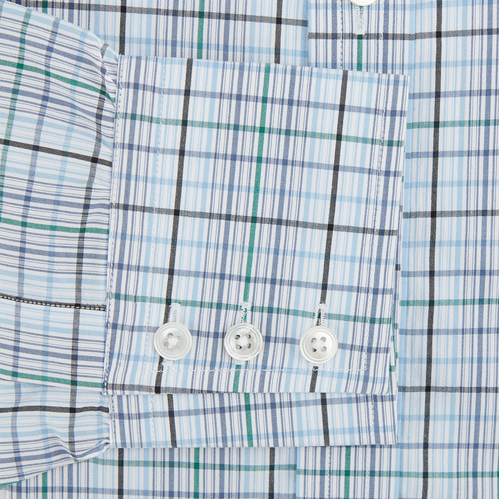 The Turnbull & Asser Blue and Green Multi Check Mayfair Shirt, a long-sleeve button-up with a blue and green plaid pattern on white, is displayed flat against a white surface.
