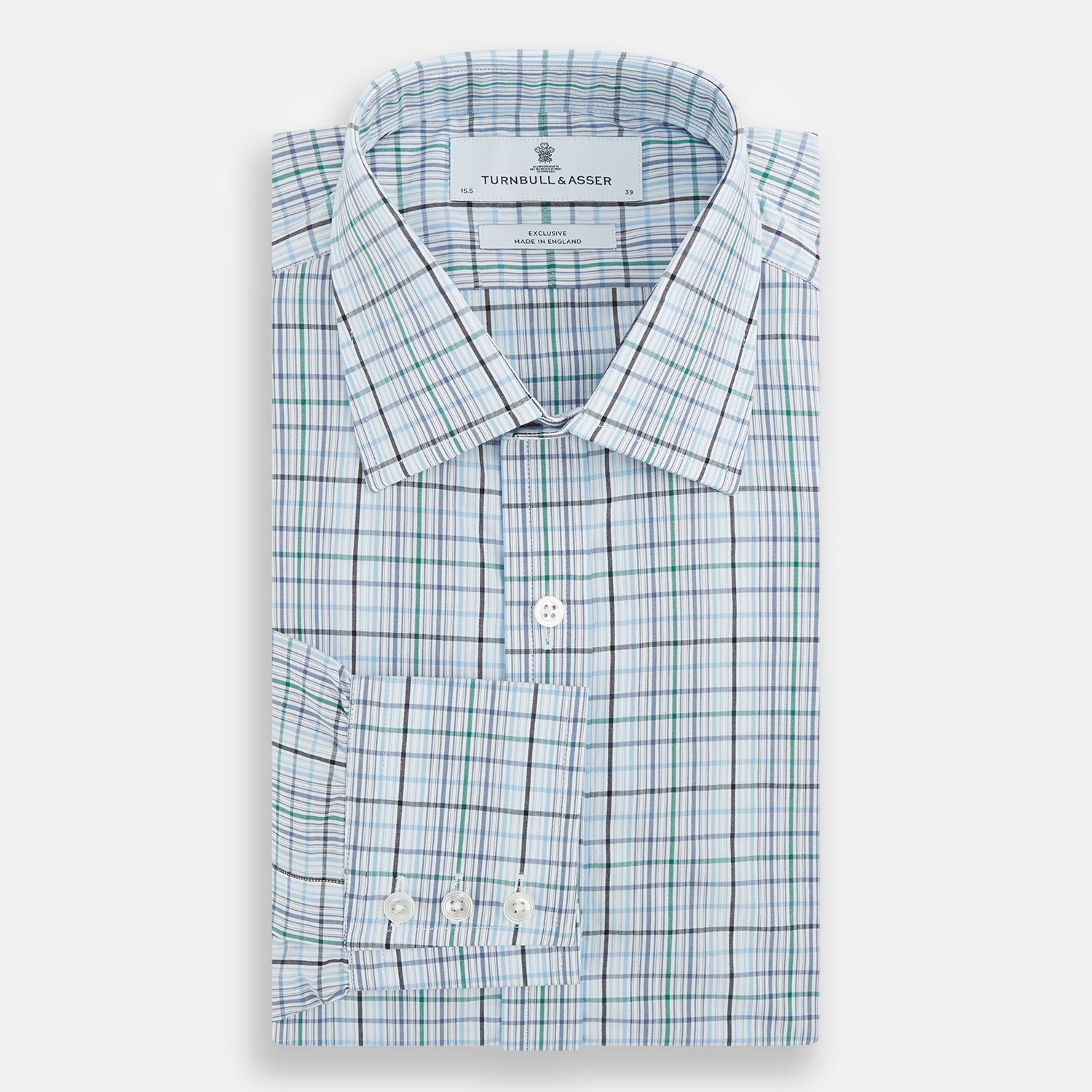 View 4 of product The Turnbull & Asser Blue and Green Multi Check Mayfair Shirt, a long-sleeve button-up with a blue and green plaid pattern on white, is displayed flat against a white surface.