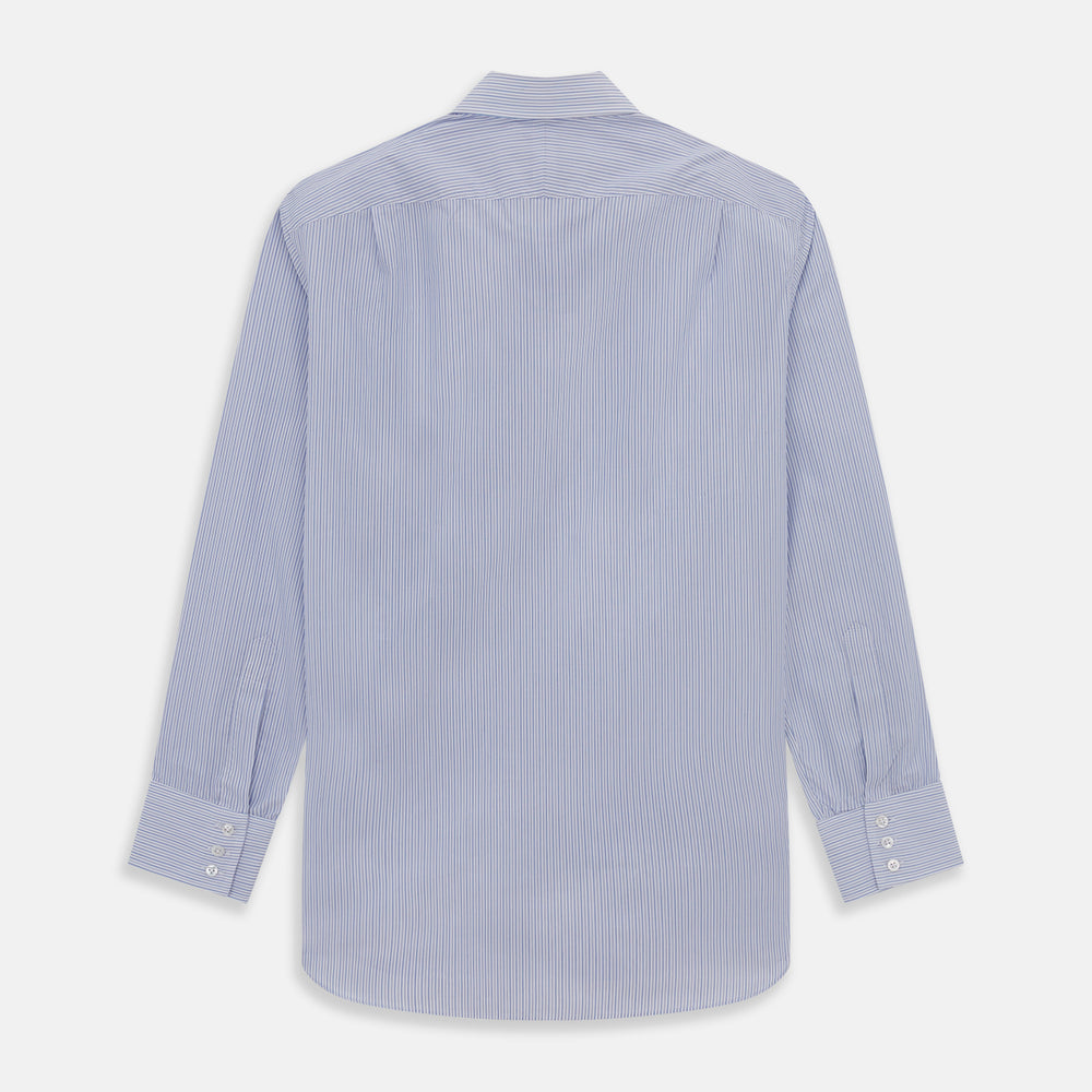 The Light Blue Track Stripe Mayfair Shirt by Turnbull & Asser is a long-sleeve button-up with thin white stripes, pointed collar, and buttoned cuffs. Expertly crafted from Egyptian cotton, it's shown laid flat on a white background.