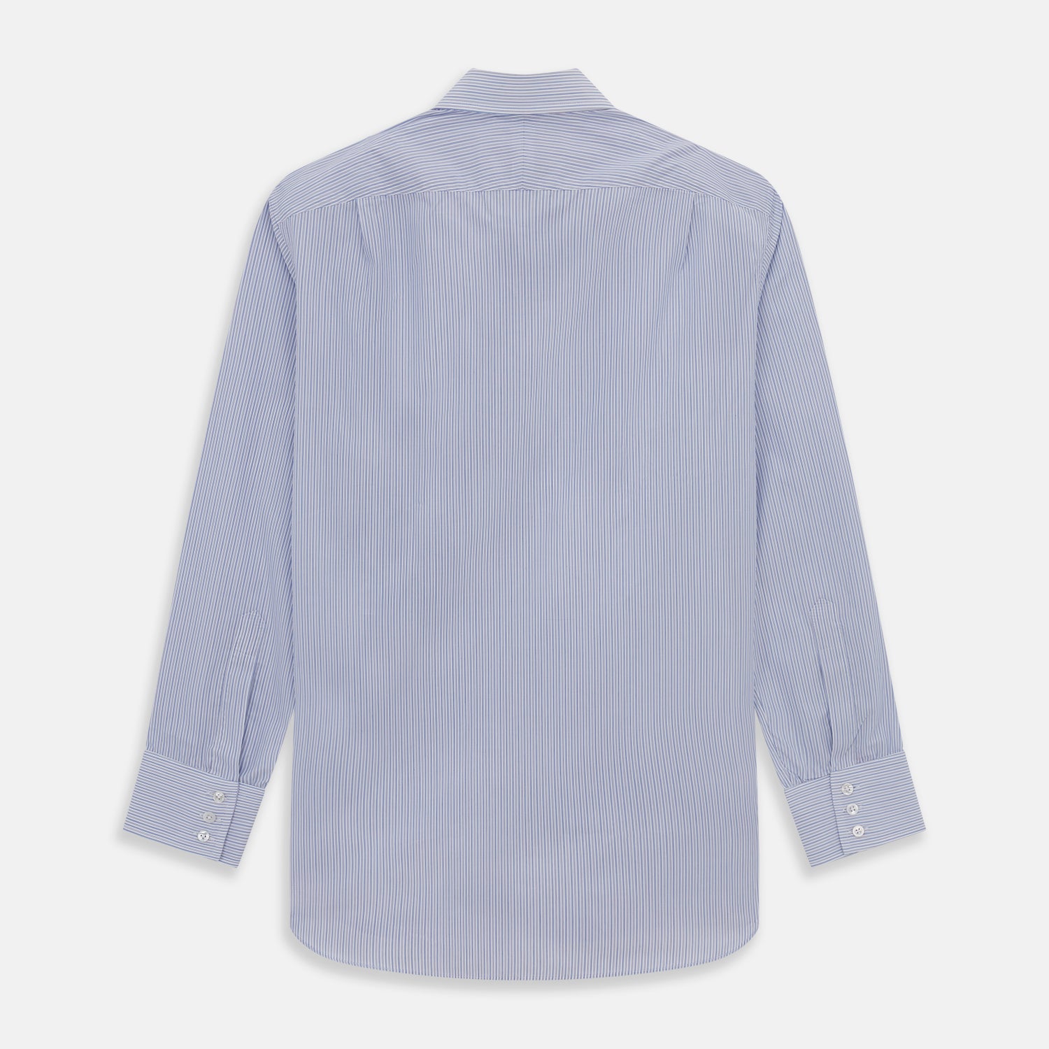 View 5 of product The Light Blue Track Stripe Mayfair Shirt by Turnbull & Asser is a long-sleeve button-up with thin white stripes, pointed collar, and buttoned cuffs. Expertly crafted from Egyptian cotton, it's shown laid flat on a white background.