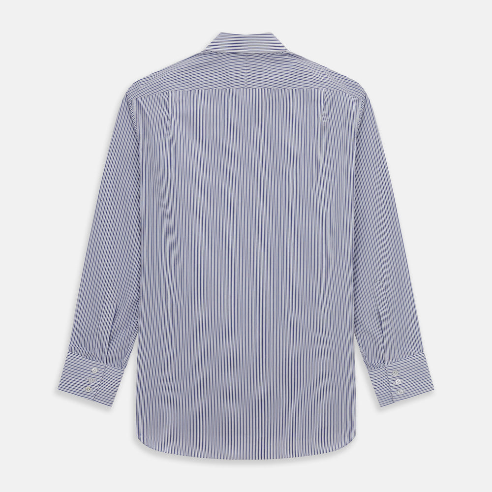 The Dark Blue Track Stripe Mayfair Shirt by Turnbull & Asser is a long-sleeve, button-up Egyptian cotton shirt with a classic collar and thin blue and white stripes, laid flat on a white background.