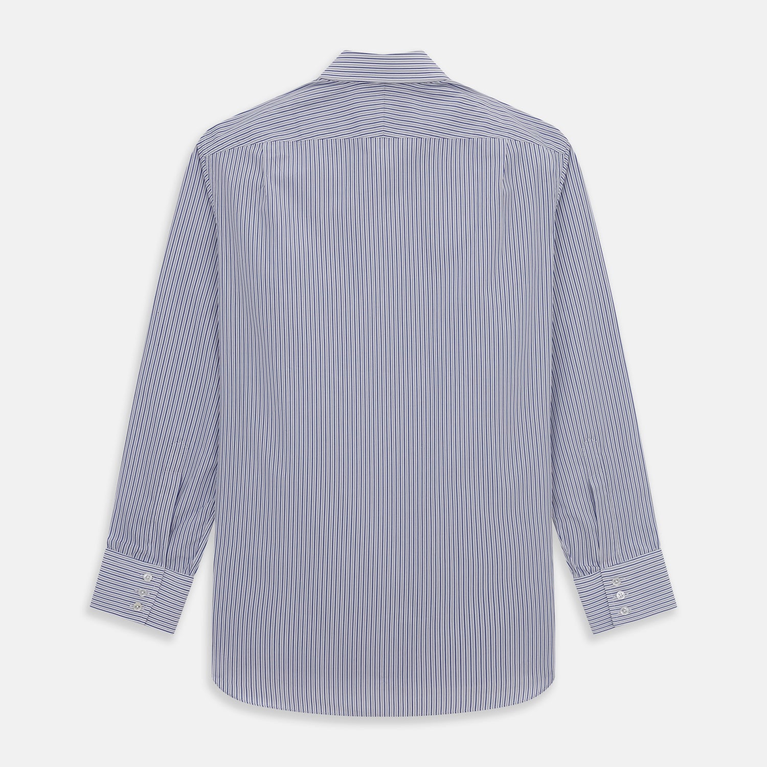 View 5 of product The Dark Blue Track Stripe Mayfair Shirt by Turnbull & Asser is a long-sleeve, button-up Egyptian cotton shirt with a classic collar and thin blue and white stripes, laid flat on a white background.