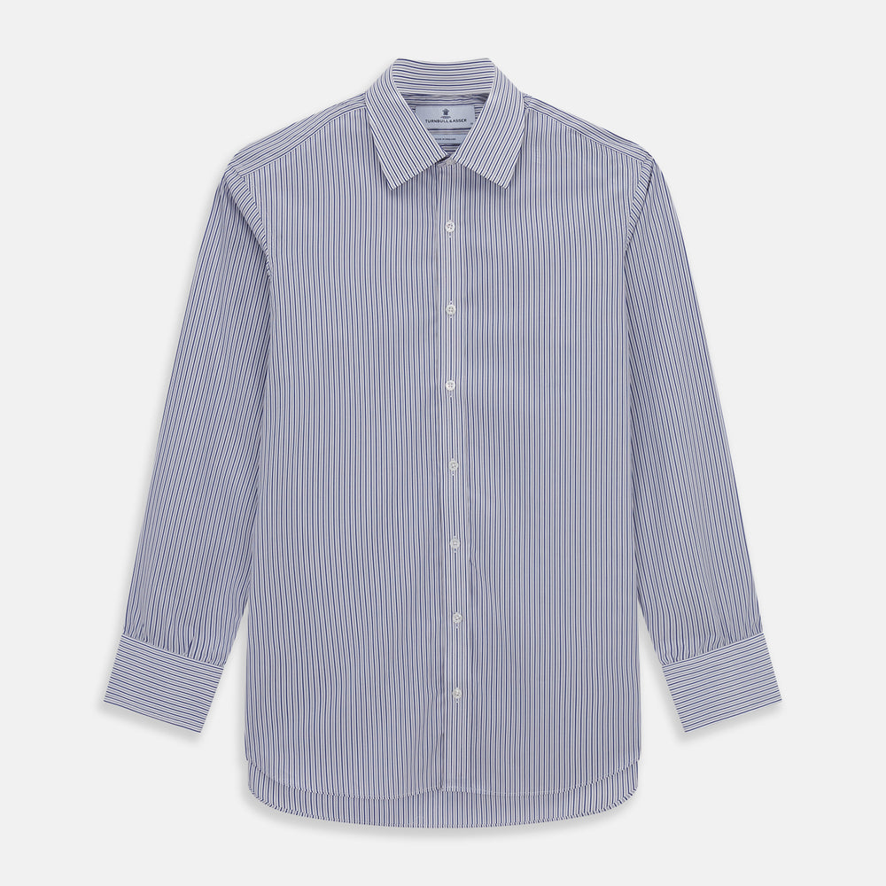 The Dark Blue Track Stripe Mayfair Shirt by Turnbull & Asser is a long-sleeve, button-up Egyptian cotton shirt with a classic collar and thin blue and white stripes, laid flat on a white background.