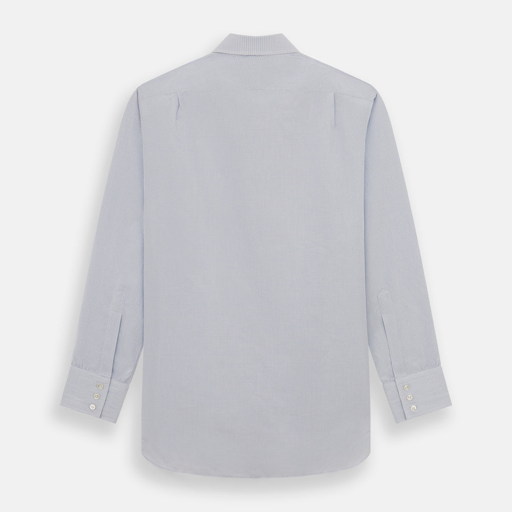 The Turnbull & Asser Blue Fine Graph Check Mayfair Shirt, made from breathable cotton, features long sleeves, a T&A collar, white buttons, and buttoned cuffs, displayed flat on a white background.