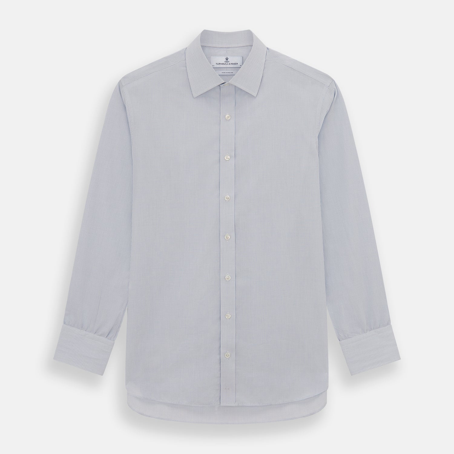 View 1 of product The Turnbull & Asser Blue Fine Graph Check Mayfair Shirt, made from breathable cotton, features long sleeves, a T&A collar, white buttons, and buttoned cuffs, displayed flat on a white background.