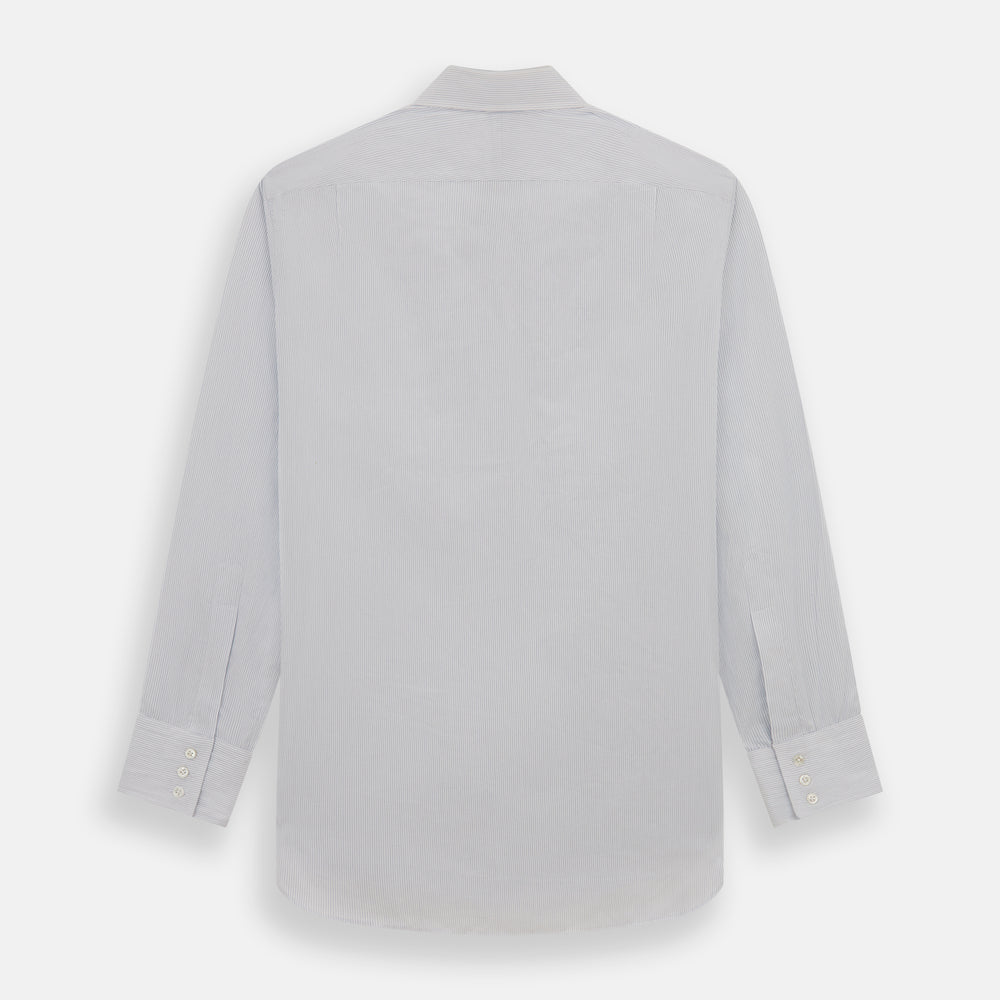 The Blue Pencil Stripe Mayfair Shirt by Turnbull & Asser features light blue stripes, long sleeves, a classic T&A collar, and buttoned cuffs, displayed on a plain white background.