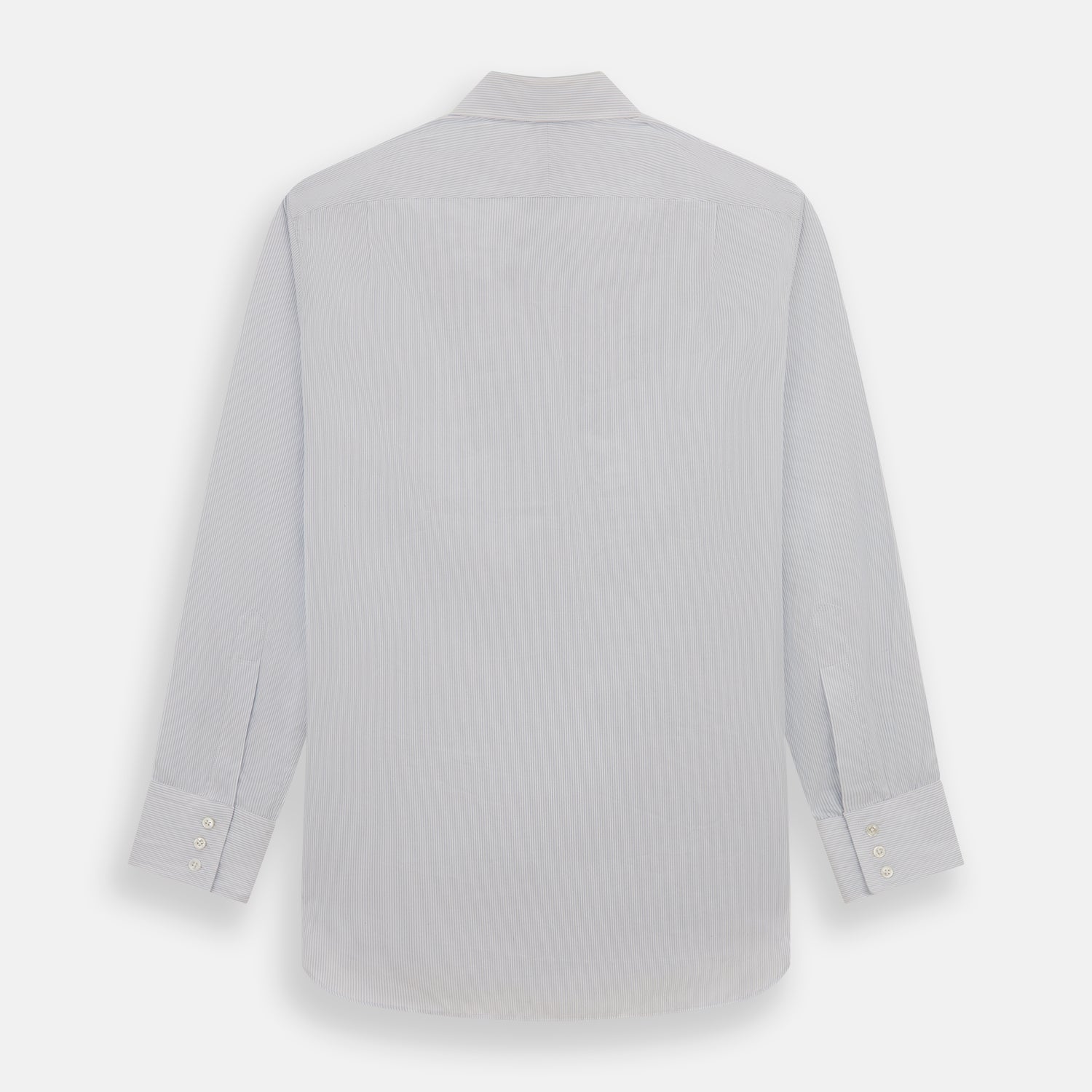 View 5 of product The Blue Pencil Stripe Mayfair Shirt by Turnbull & Asser features light blue stripes, long sleeves, a classic T&A collar, and buttoned cuffs, displayed on a plain white background.