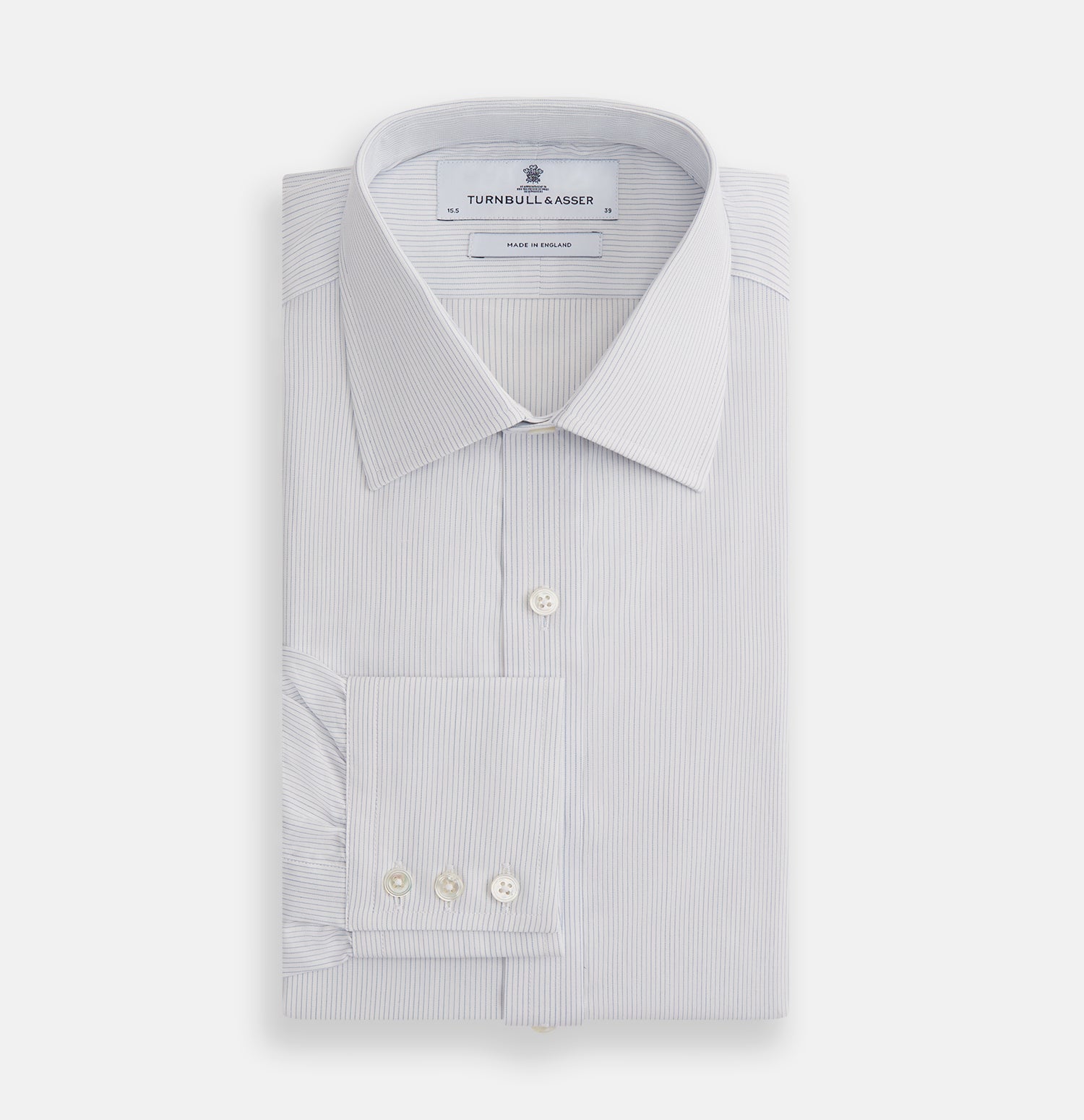 View 4 of product The Blue Pencil Stripe Mayfair Shirt by Turnbull & Asser features light blue stripes, long sleeves, a classic T&A collar, and buttoned cuffs, displayed on a plain white background.