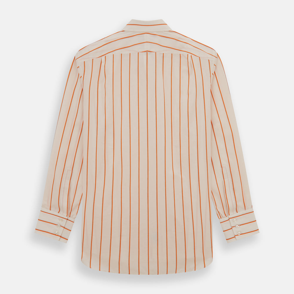 The Orange Track Stripe Mayfair Shirt by Turnbull & Asser features a white base with vertical orange stripes in breathable cotton, plus contrasting horizontal-striped collar and cuffs, shown neatly laid flat on a white background.