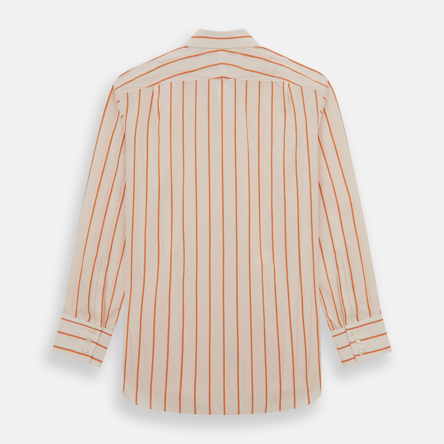 View 5 of product The Orange Track Stripe Mayfair Shirt by Turnbull & Asser features a white base with vertical orange stripes in breathable cotton, plus contrasting horizontal-striped collar and cuffs, shown neatly laid flat on a white background.