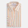 View 4 of product The Orange Track Stripe Mayfair Shirt by Turnbull & Asser features a white base with vertical orange stripes in breathable cotton, plus contrasting horizontal-striped collar and cuffs, shown neatly laid flat on a white background.