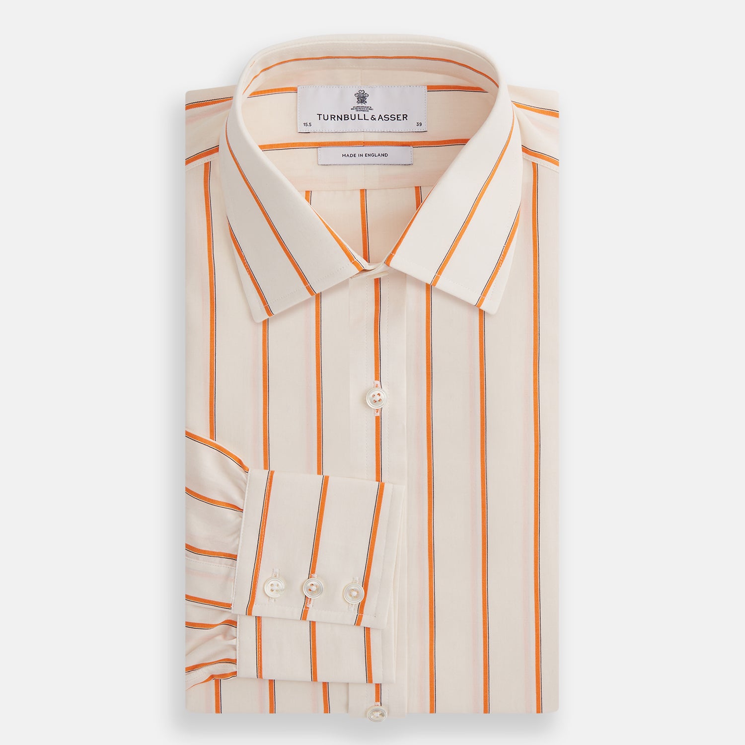 View 4 of product The Orange Track Stripe Mayfair Shirt by Turnbull & Asser features a white base with vertical orange stripes in breathable cotton, plus contrasting horizontal-striped collar and cuffs, shown neatly laid flat on a white background.