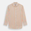 View 1 of product The Orange Track Stripe Mayfair Shirt by Turnbull & Asser features a white base with vertical orange stripes in breathable cotton, plus contrasting horizontal-striped collar and cuffs, shown neatly laid flat on a white background.