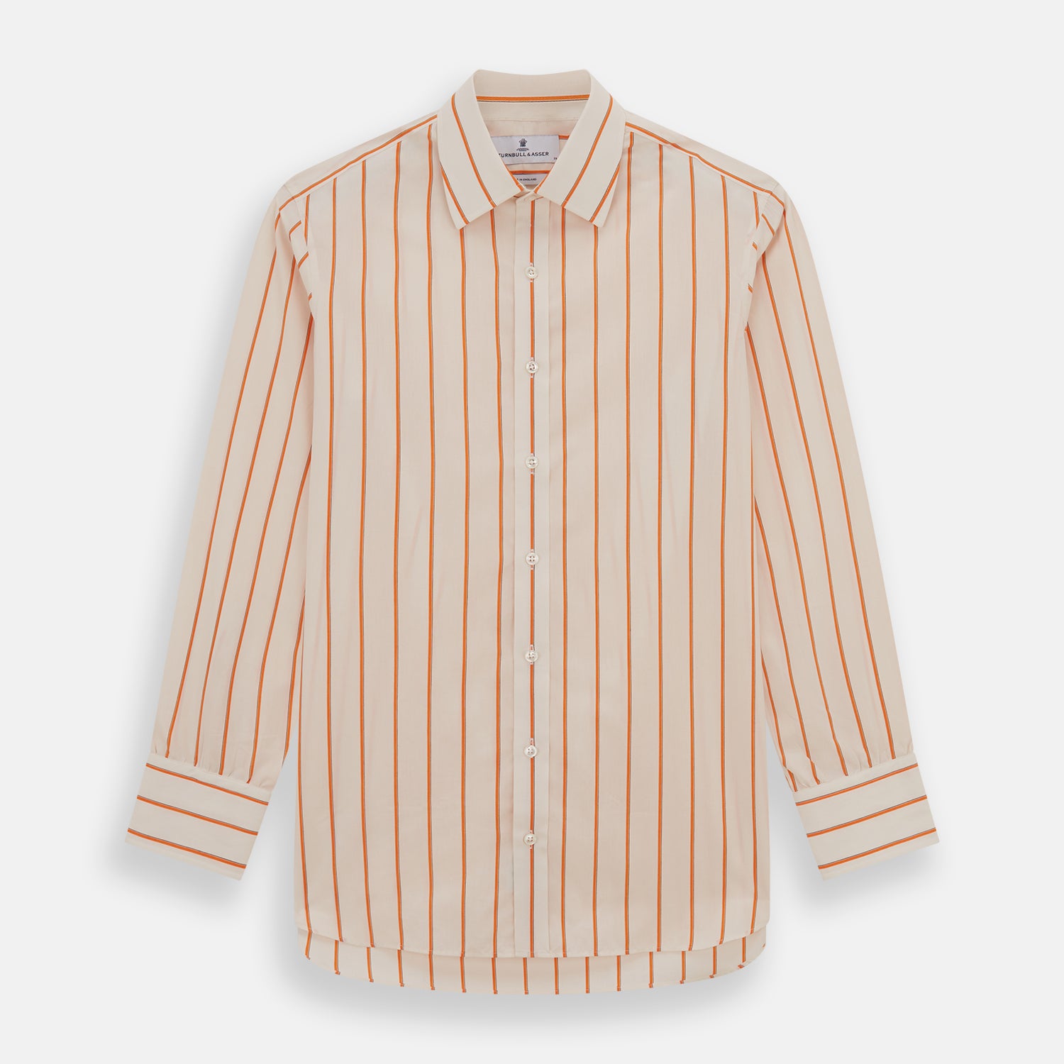 View 1 of product The Orange Track Stripe Mayfair Shirt by Turnbull & Asser features a white base with vertical orange stripes in breathable cotton, plus contrasting horizontal-striped collar and cuffs, shown neatly laid flat on a white background.