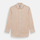 The Orange Track Stripe Mayfair Shirt by Turnbull & Asser features a white base with vertical orange stripes in breathable cotton, plus contrasting horizontal-striped collar and cuffs, shown neatly laid flat on a white background.