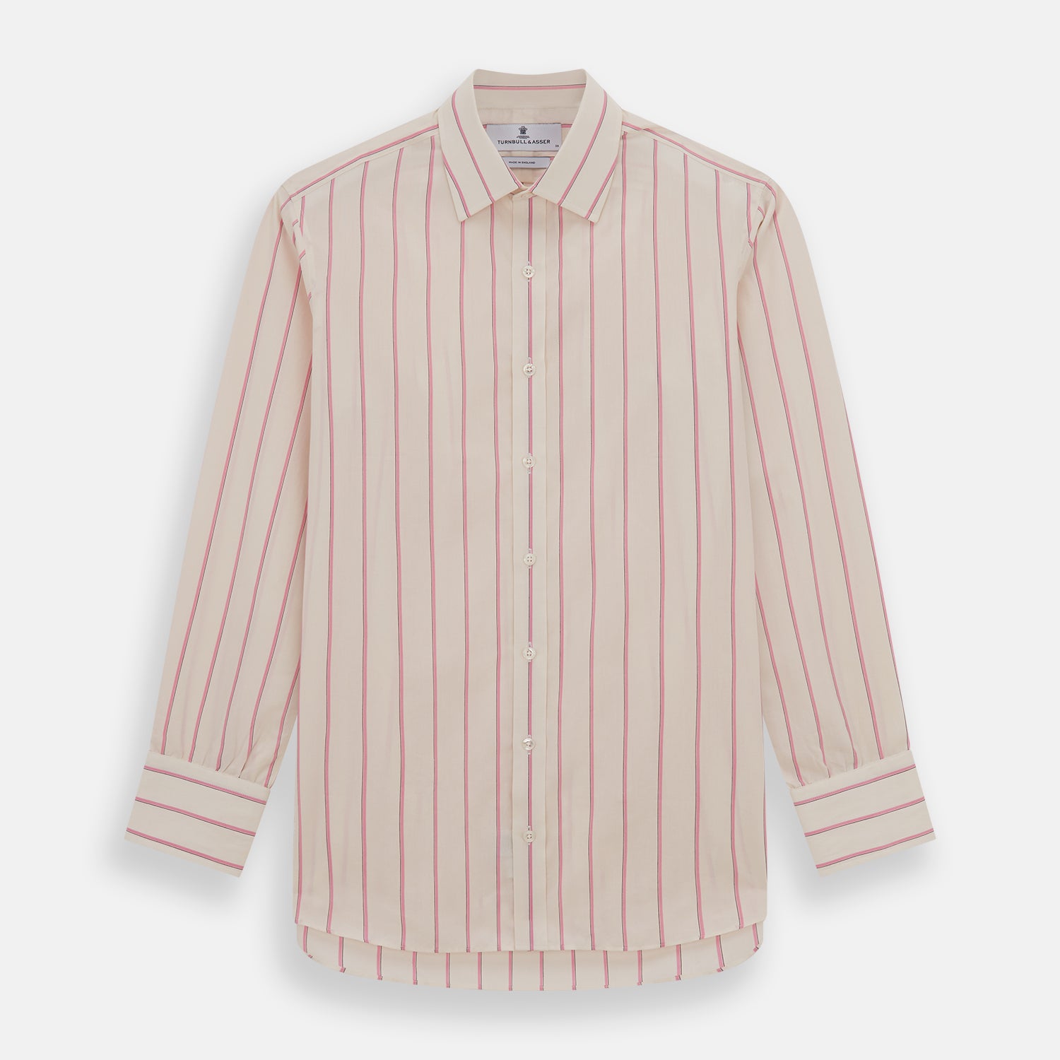 View 1 of product The Turnbull & Asser Pink Track Stripe Mayfair Shirt features long sleeves, a collar, and cream fabric with vertical pink stripes, crafted from breathable cotton and shown on a plain white background.
