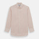 The Turnbull & Asser Pink Track Stripe Mayfair Shirt features long sleeves, a collar, and cream fabric with vertical pink stripes, crafted from breathable cotton and shown on a plain white background.
