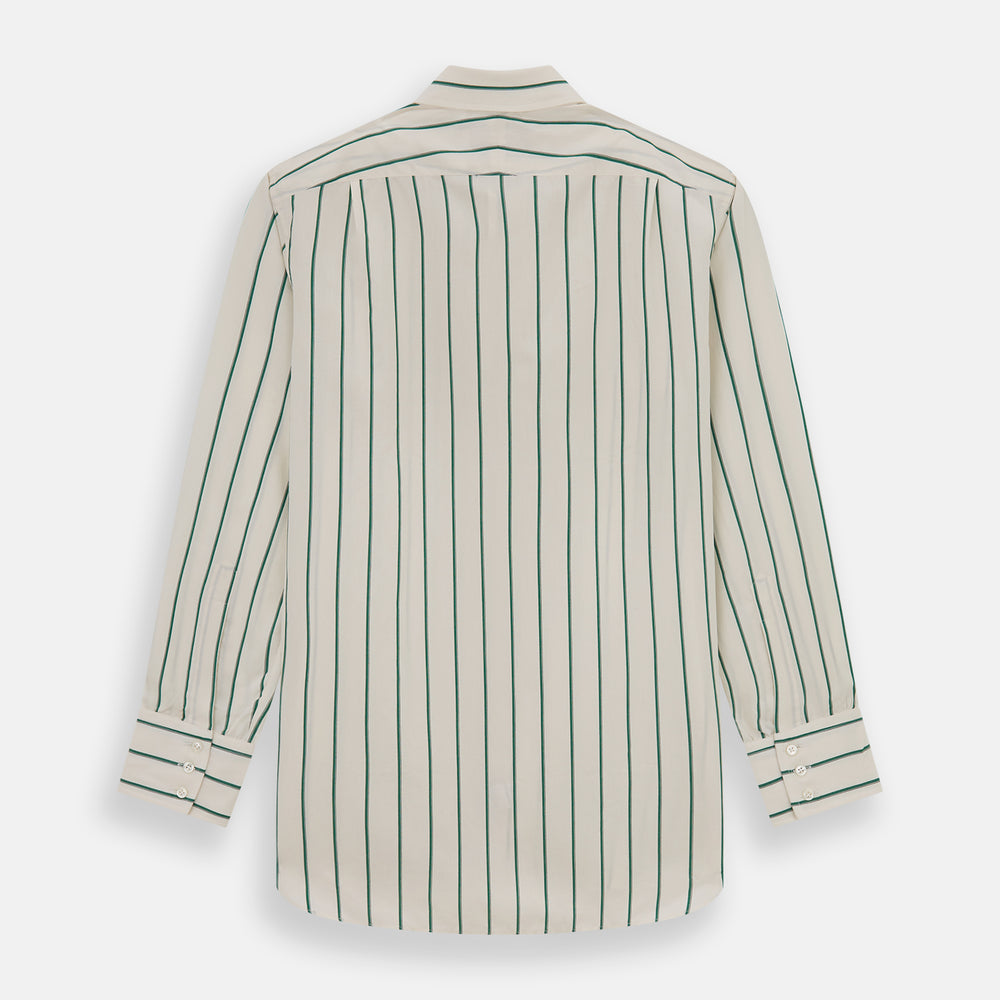 The Turnbull & Asser Green Track Stripe Mayfair Shirt is a long-sleeved, breathable cotton shirt with green vertical stripes, a classic T&A collar, and buttoned cuffs.