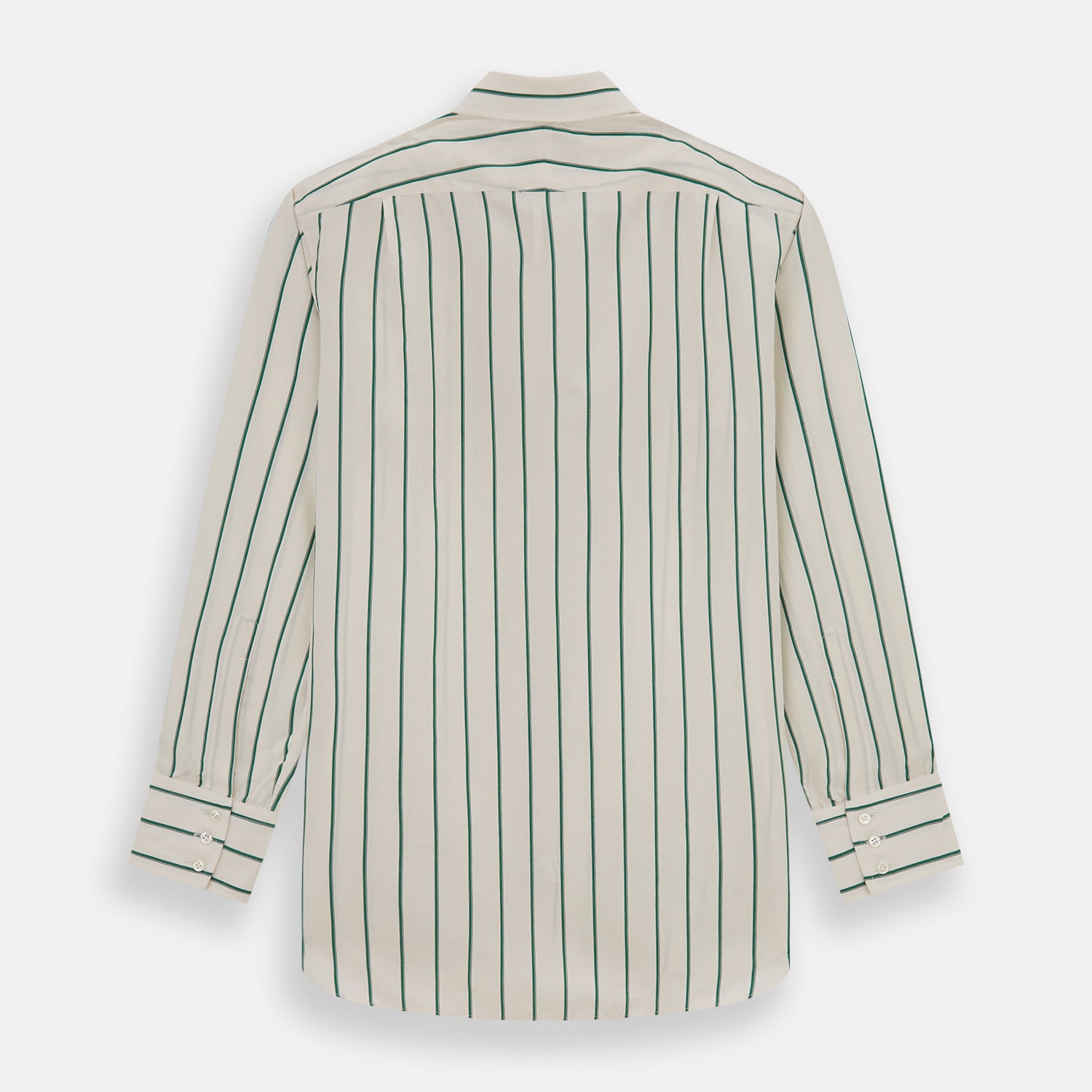 View 5 of product The Turnbull & Asser Green Track Stripe Mayfair Shirt is a long-sleeved, breathable cotton shirt with green vertical stripes, a classic T&A collar, and buttoned cuffs.